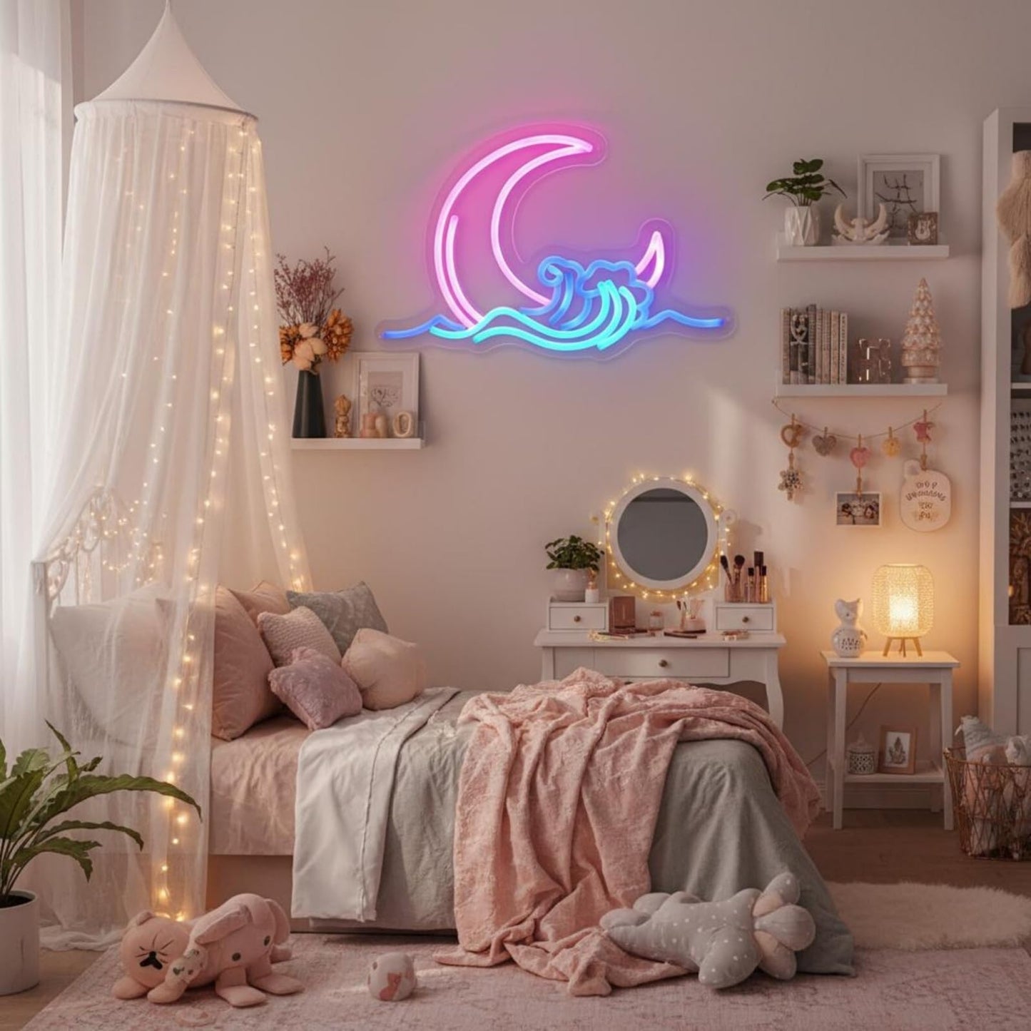 Moon and Wave Neon Sign for Wall Decor Pink Moon Blue Wave LED Neon Light for Bedroom Dresser Aesthetic Room Decor USB Powered Wall Art for Living Room Bar Kid's Room Ideal Teens Girls Gifts
