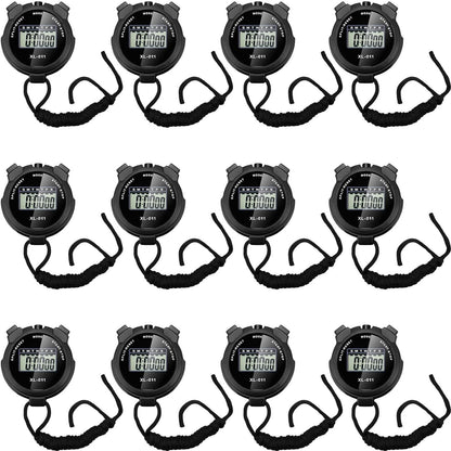 TOODOO 12 Pack Multi Function Digital Stopwatch Timer Bulk Sports Stopwatch with Lanyard Plastic Display Waterproof Date Time Alarm Timer for Coaches Fitness Referees (Black)