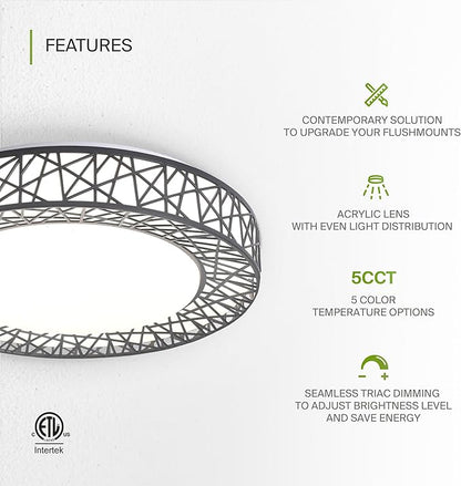 ASD 16 Inch LED Flush Mount Ceiling Light Fixture for Bedroom, 28W 1752LM 5CCT 2700K-5000K, Triac Dimmable Lights, Dining, Living Room, Kitchen Lamps, Modern Home Lighting Fixtures, Black, ETL, 4 Pack