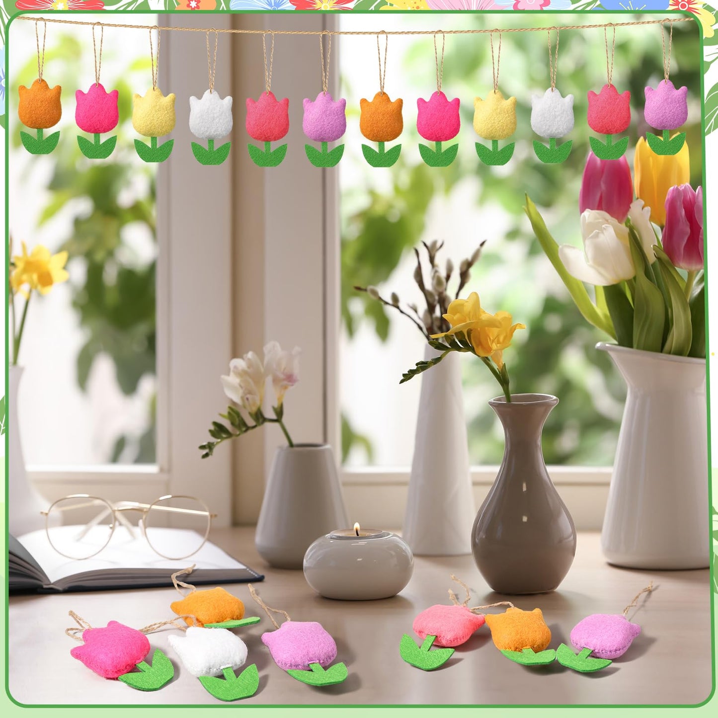 HunnmingRe 18 Pcs Spring Tree Ornaments Felt Tulip Flowers Hanging Ornaments Spring Flower Decorations for Summer Party Home Door Wall Mantel Decor Arts Crafts Gifts