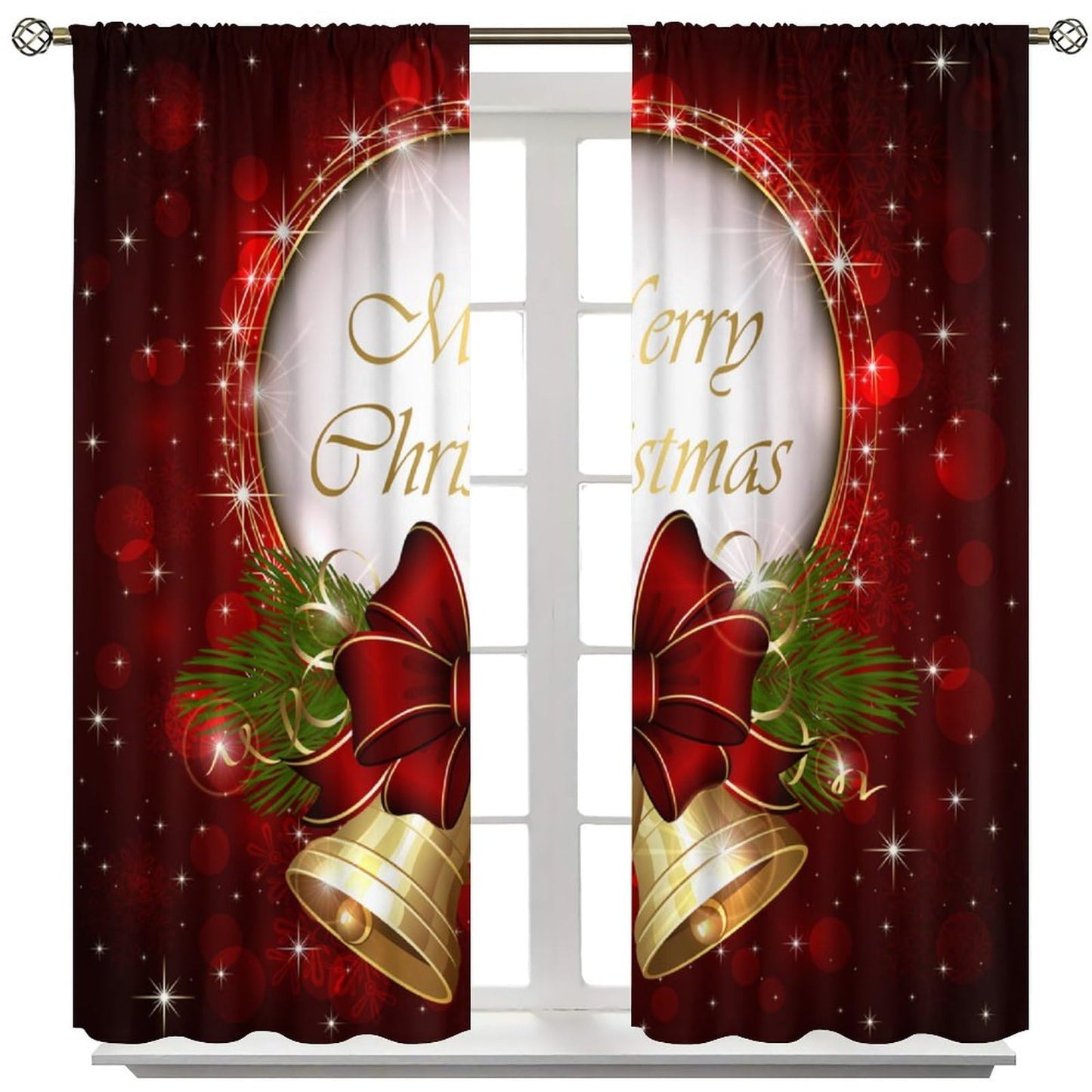 Merry Christmas Curtains Red Sparkling Dingdang Winter Christmas Holiday Bell Festivals Atmosphere Blackout Window Treatment for Happy Festival Living Room Bedroom Home Decor Window Drapes 52"W X 84"L