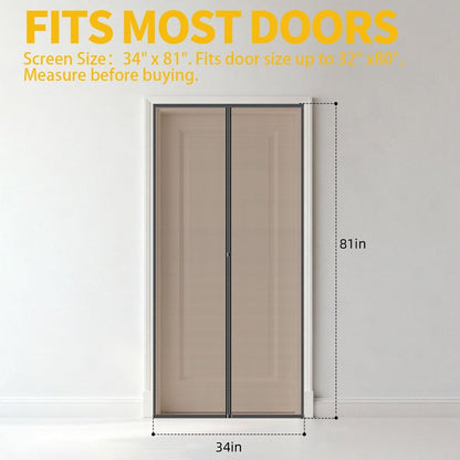Magnetic Screen Door – 34" x 81" with Strong Magnets, Self Sealing Hands Free Mesh Curtain for Interior Door, Fits 32" x 80" Standard US Door, Keep Bugs Out, Pet and Kid Friendly, Easy Install, Black