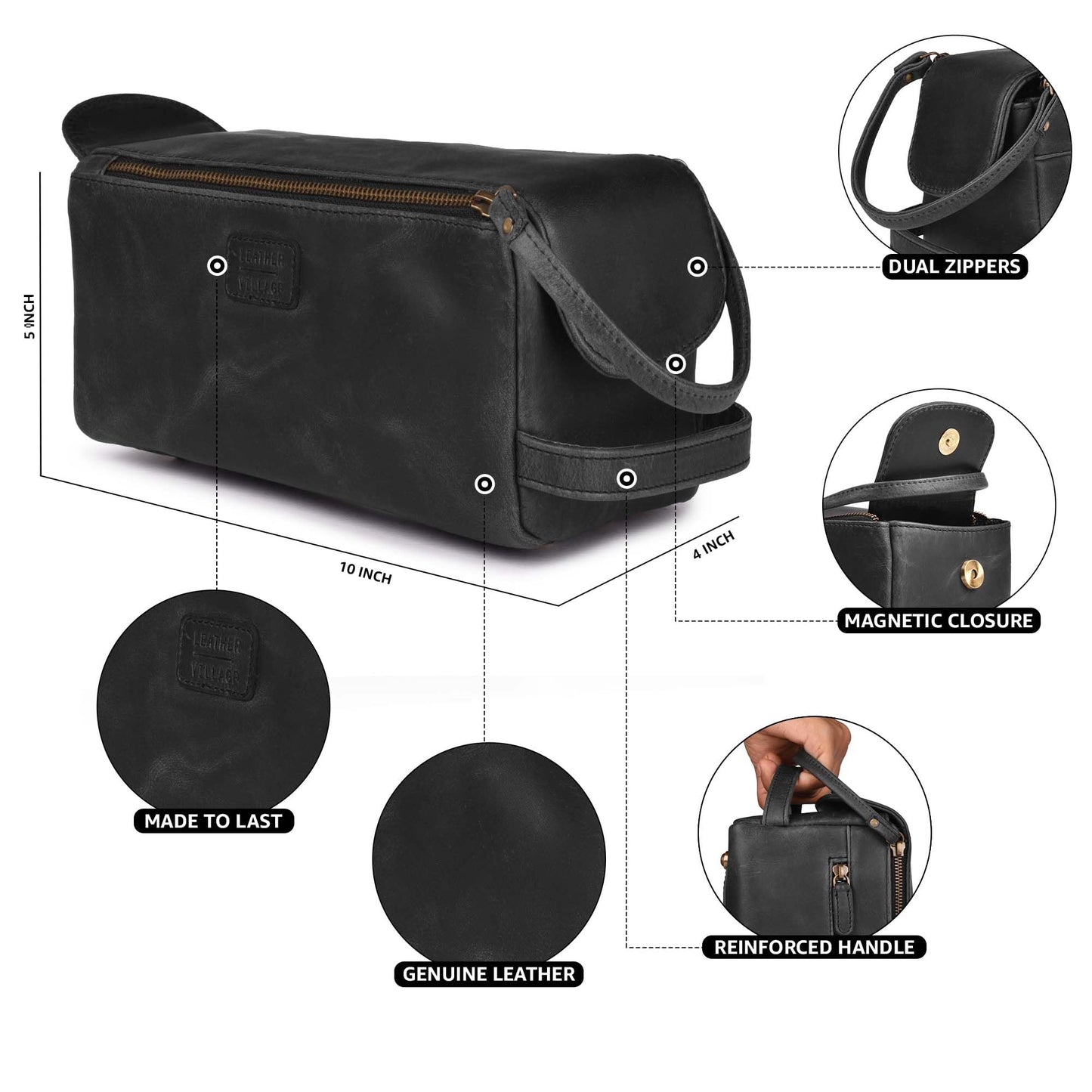 LEATHER VILLAGE Genuine Leather Travel Toiletry Bag - Water-Resistant Dopp Kit for Toiletries, Large Shaving Bag & Bathroom Organizer - Gift for Men & Women - Distressed Black