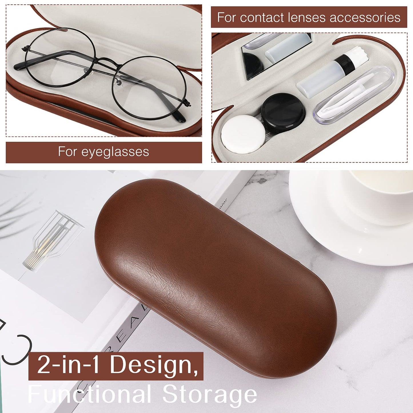 MoKo Double Eyeglass Case, Contact Lens Case with Mirror Tweezers Remover, 2 in 1 Double Sided Portable Contact Lens Box Holder Container Soak Storage Kit Sunglasses Pouch for Men & Women, Brown