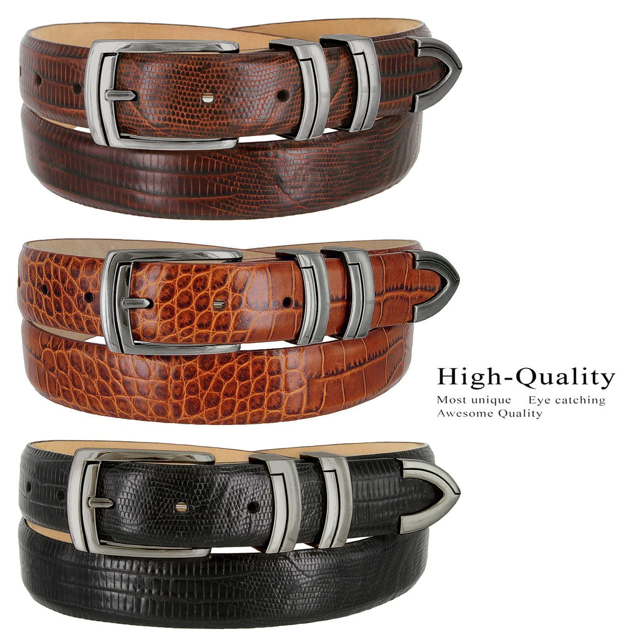 Belts.com BS8191 Gun Genuine Full-Grain Cowhide Leather Designer Golf Dress Belt 1-1/8"(30mm) Wide (Alligator Black, 44)