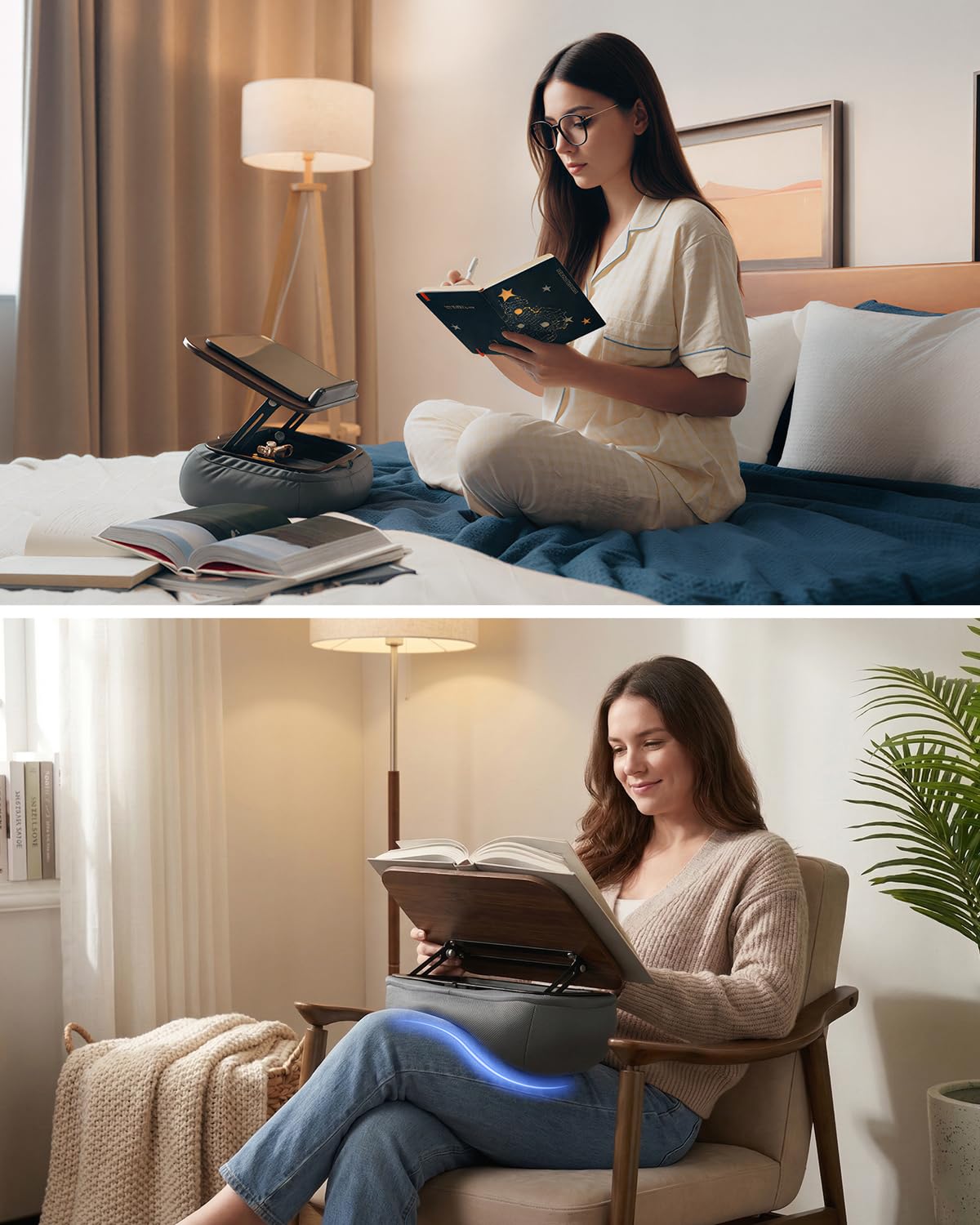 Viozon Lap Book Pillow Stand with Storage, Adjustable Beanbag Reading Pillow with Dark Wood Panel, Multi-Angle Book Holder for Hands-Free Reading in Bed or Sofa,Book Lover Essential,Soft Cushion