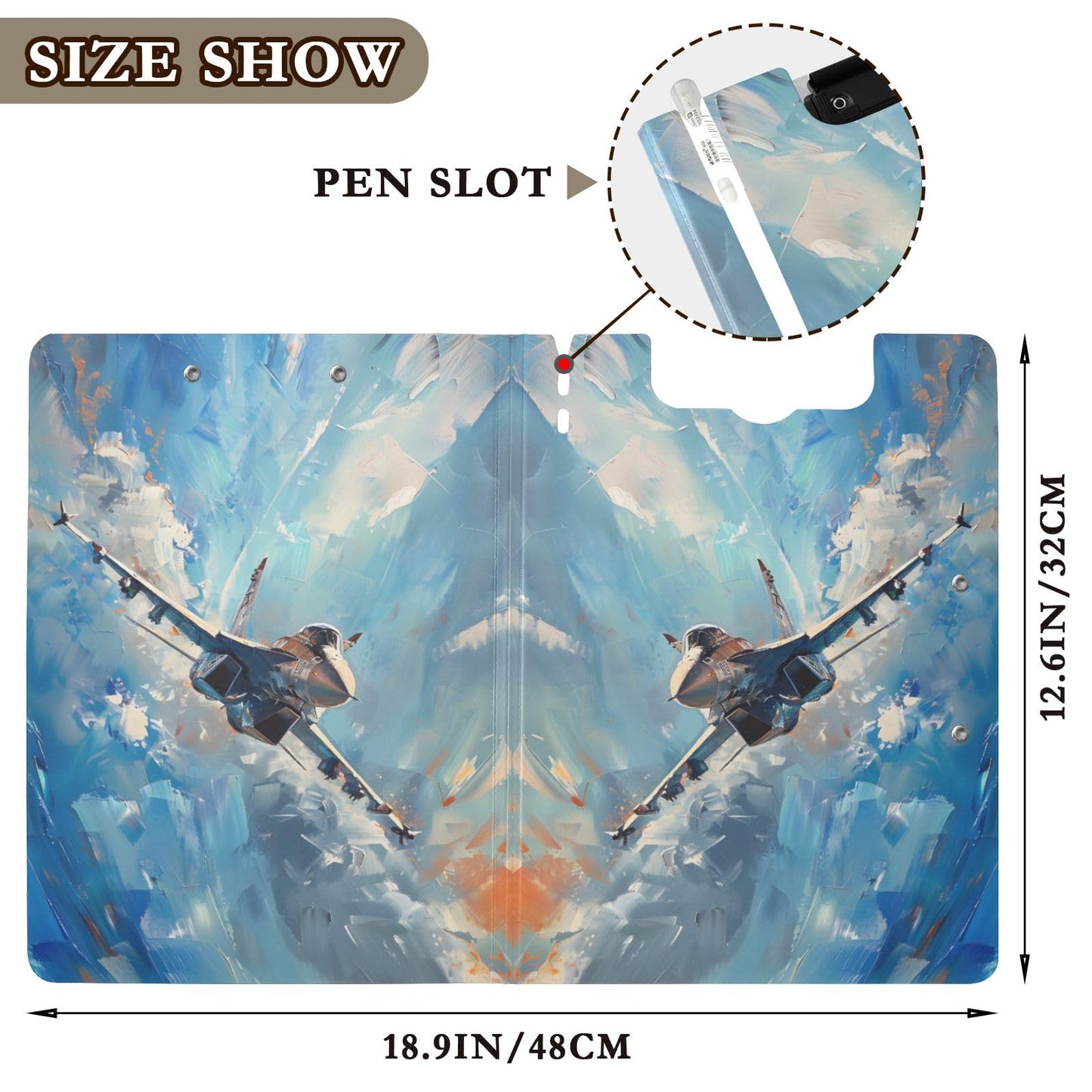 Fighter Jet Painting Folding Clipboard Folder Binder Clip Board with Double Low Profile Clip Waterproof for Business Office 360° Foldable