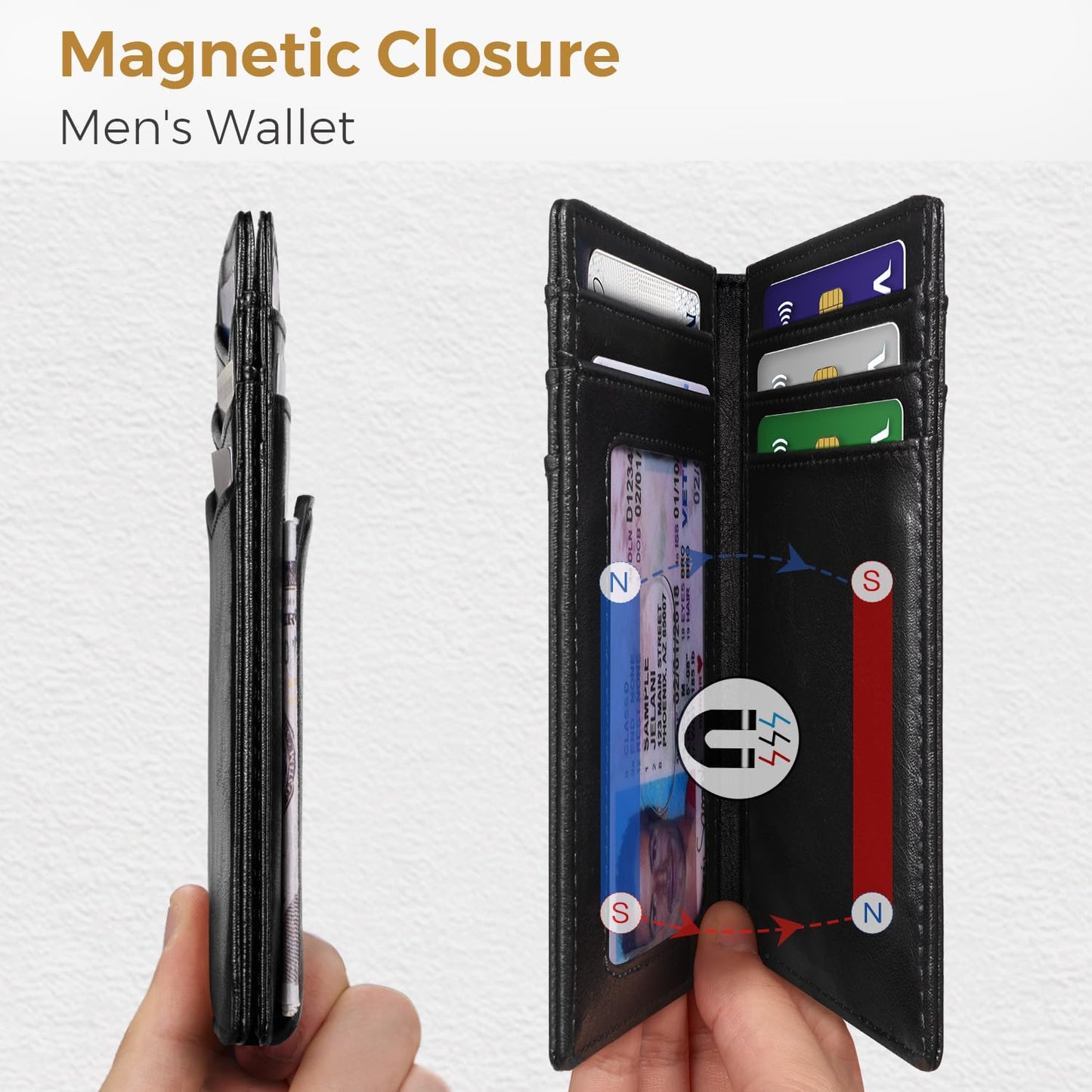 RUNBOX Magnetic Closure Slim Wallet for Men, Leather Front Pocket Wallet Holds 12 Cards, Rfid Blocking Card Wallet with Money Clip, Gifts for men