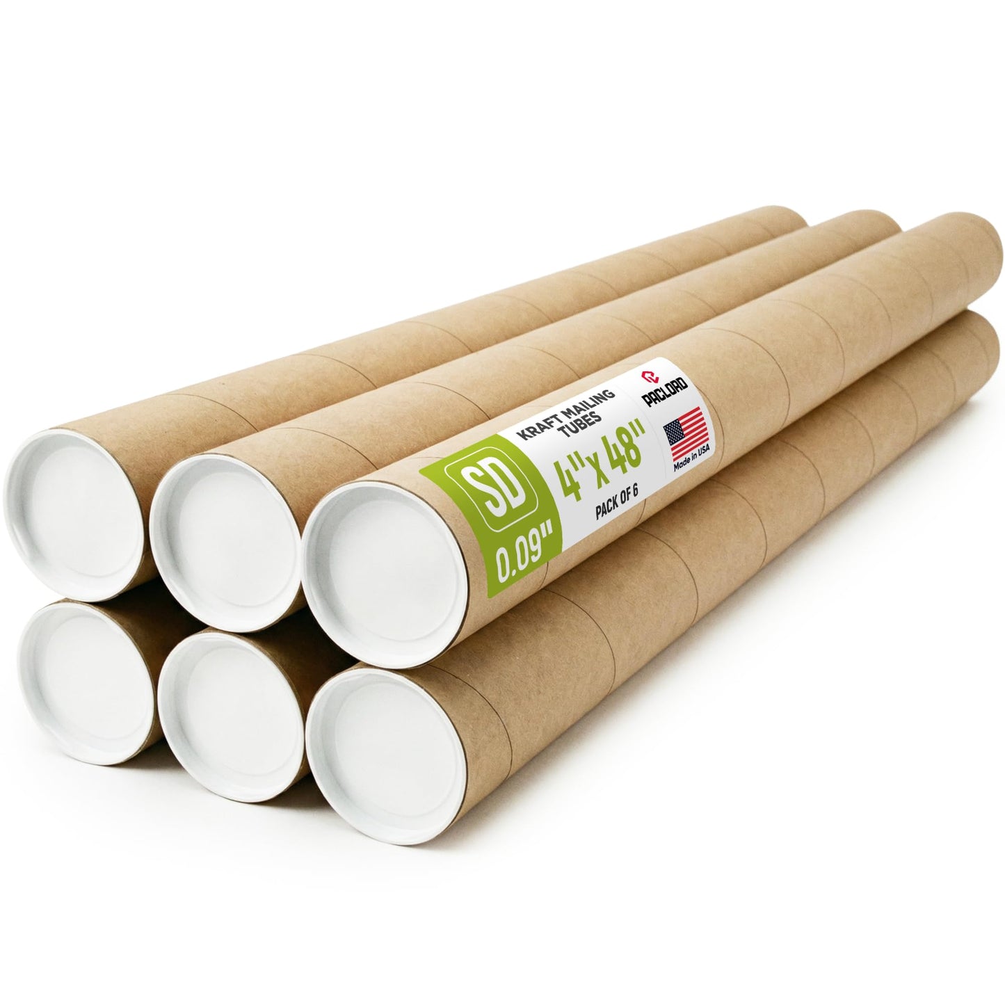 4" x 48" Reinforced Kraft Paper Mailing Tube, Pack of 6 Tubes with 12 Caps – Secure USPS Approved Poster Tube – Made in USA Cardboard Tube for Shipping and Storing Posters, Prints, Artwork