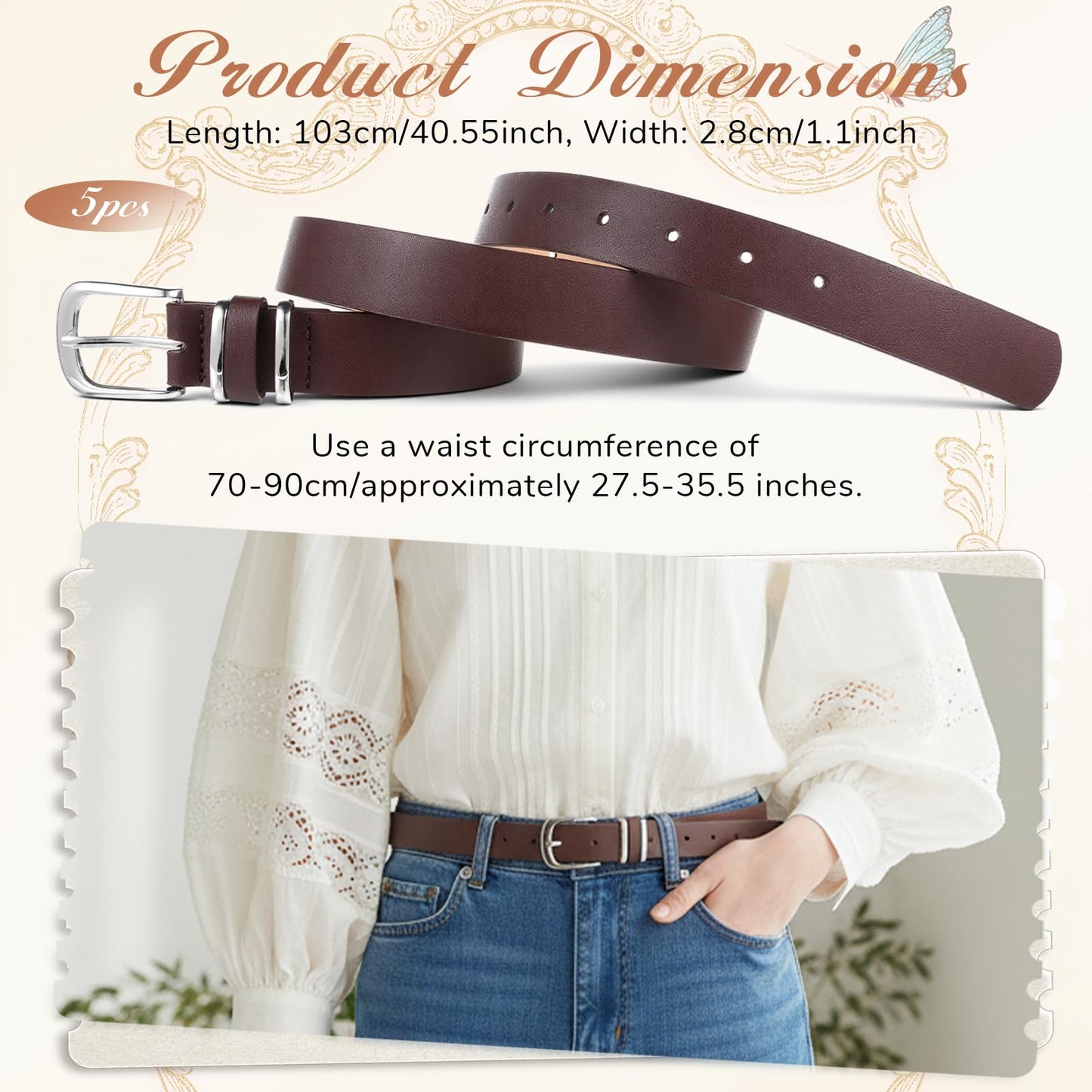 IMengjbang 5Pcs Womens Leather Belt Silver Buckle Fits Waist 25-35 Inches, Ladies Belts for Jeans with Silver Buckle 10 Adjustable Holes