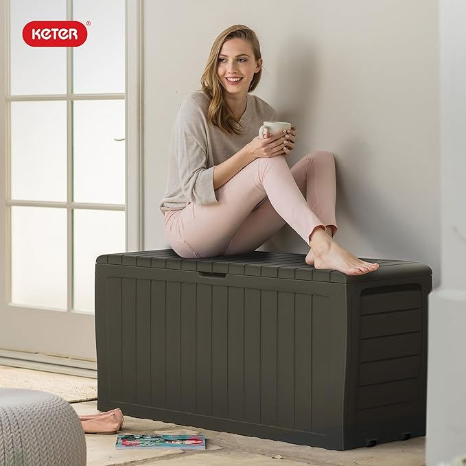 Keter Marvel Plus 71 Gallon Resin Outdoor Storage Box for Patio Furniture Cushions, Throw Pillows, Garden Tools and Pool Floats, Taupe