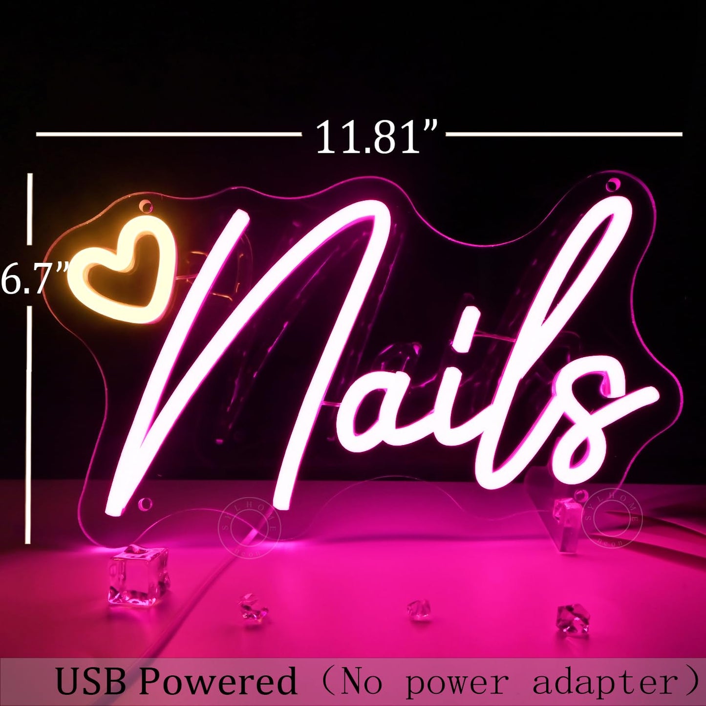 SYLHOME Led Neon Light Sign Nails With Heart Nail Studio Beauty Salon Business Makep Room Wall Sign Decor Birthday Party Backdrop 11.81" X 6.7" USB