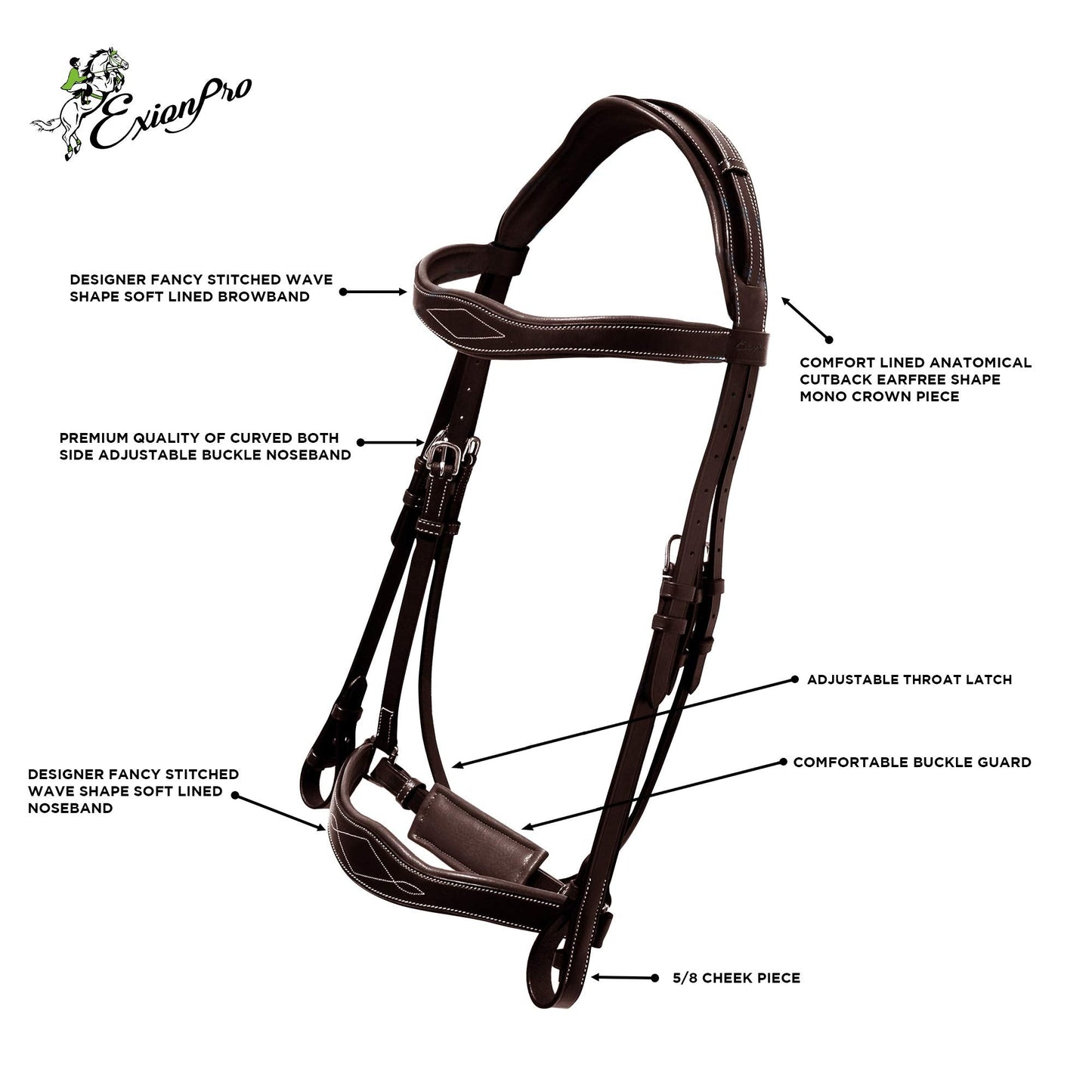 Exion Horse Dressage Bridle with Web Reins | Broad Anatomic Crownpiece, Crank Noseband & Browband & Reins with Hand Stoppers | Dressage Bridles for Horses