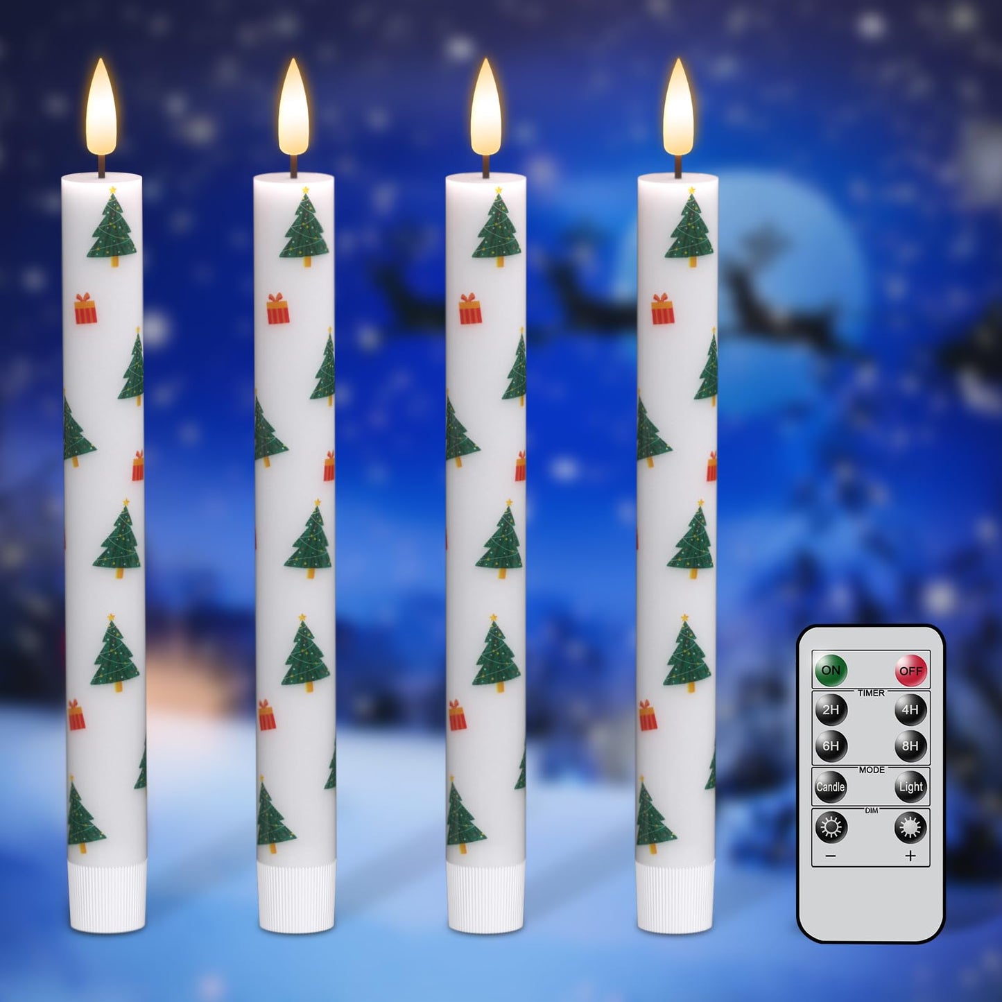 GenSwin Christmas Flameless Taper Candles, 4 Pack Christmas Tree Candles with Remote Timer, Real Wax Flickering LED Flameless Candlesticks Battery Operated with Decals for Home Decor(0.75” x 9.65”)
