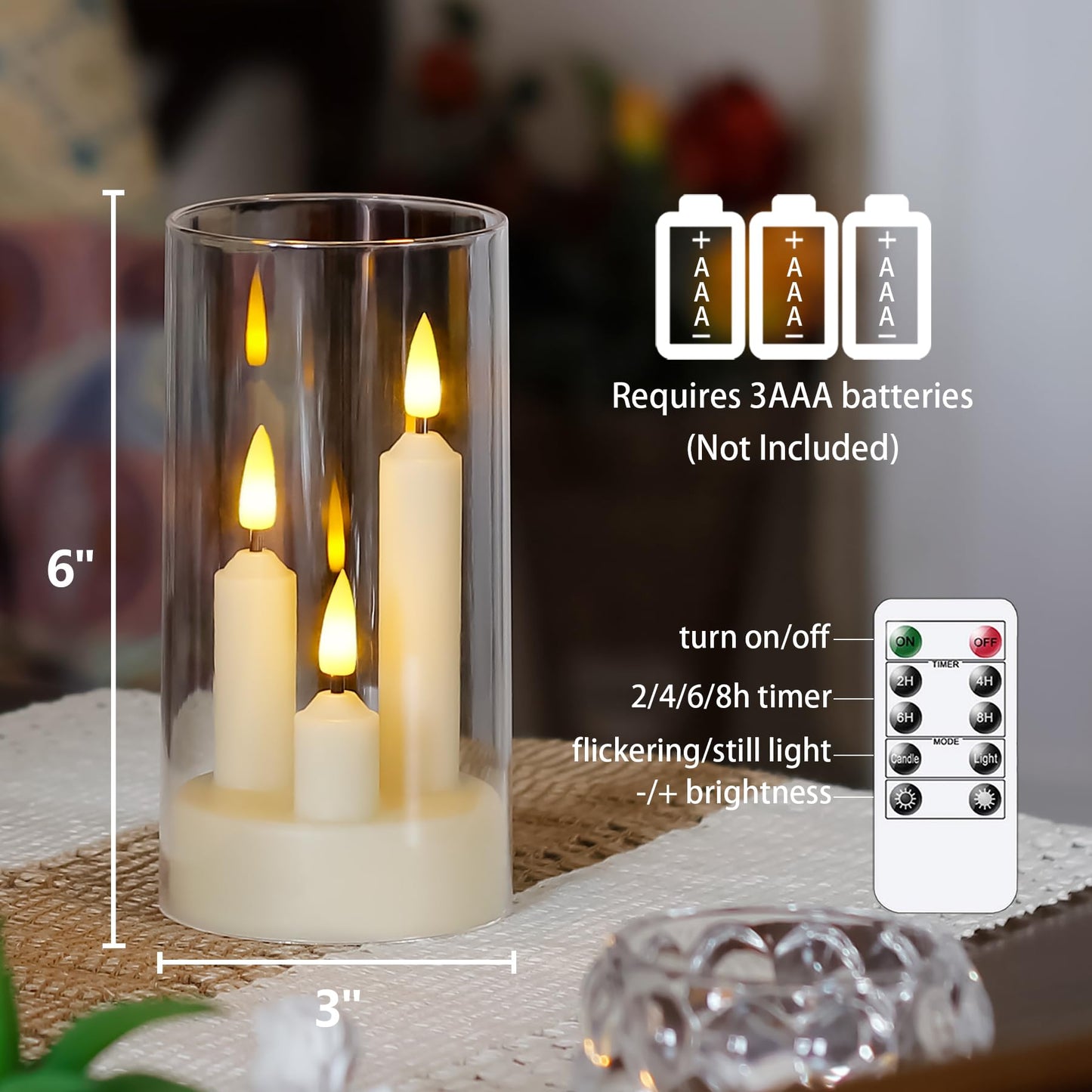 Zevanor 3 in 1 Flameless Taper Short Candles with 10 Key Remote Control and Timer, Battery Operated Pack of 2 LED Acrylic 3" x6" White Pillar Flickering Warm Light