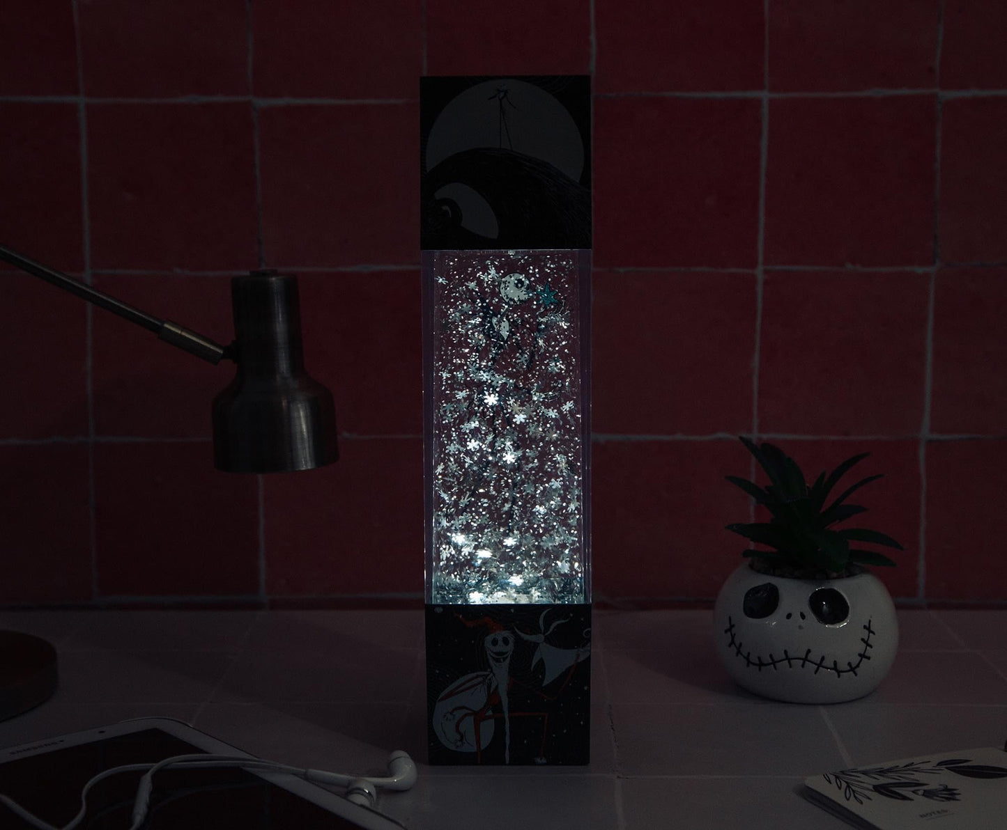 Nightmare Before Christmas Disney The Jack Skellington Glitter Motion Mood Light | Nightstand Table Lamp for Bedroom, Desk | 12 Inches Tall