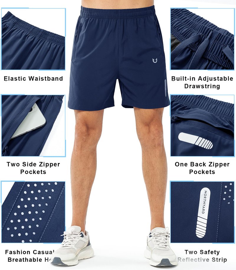 NORTHYARD Men's Athletic Running Shorts Gym Workout 7"/9"/5" Quick Dry Lightweight Sports Basketball Tennis 3 Zipper Pockets DARKBLUE-5inch L