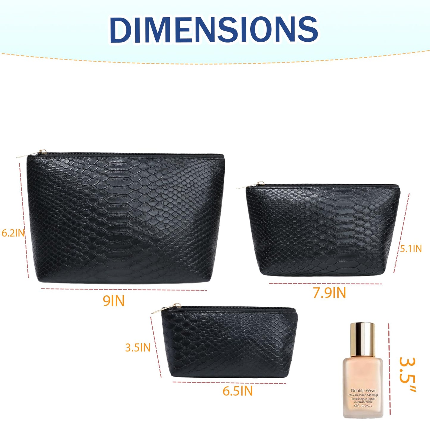 lllyan 3 Pcs Makeup Bag Set for Women Black Soft Leather Travel Cosmetic Bag Make Up Pouch Small Travel Zipper Pouch,Water-resistant Makeup Organizer Bag for Women（Black）