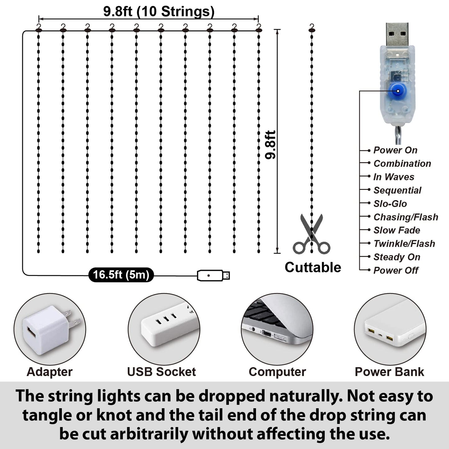 HXWEIYE 300LED Fairy Curtain Lights, 9.8x9.8Ft USB Plug-in 8 Modes Christmas String Hanging Lights with Remote for Bedroom Backdrop Wedding Indoor Wall Decor, Warm White, Tangle-Free – 1 Pack
