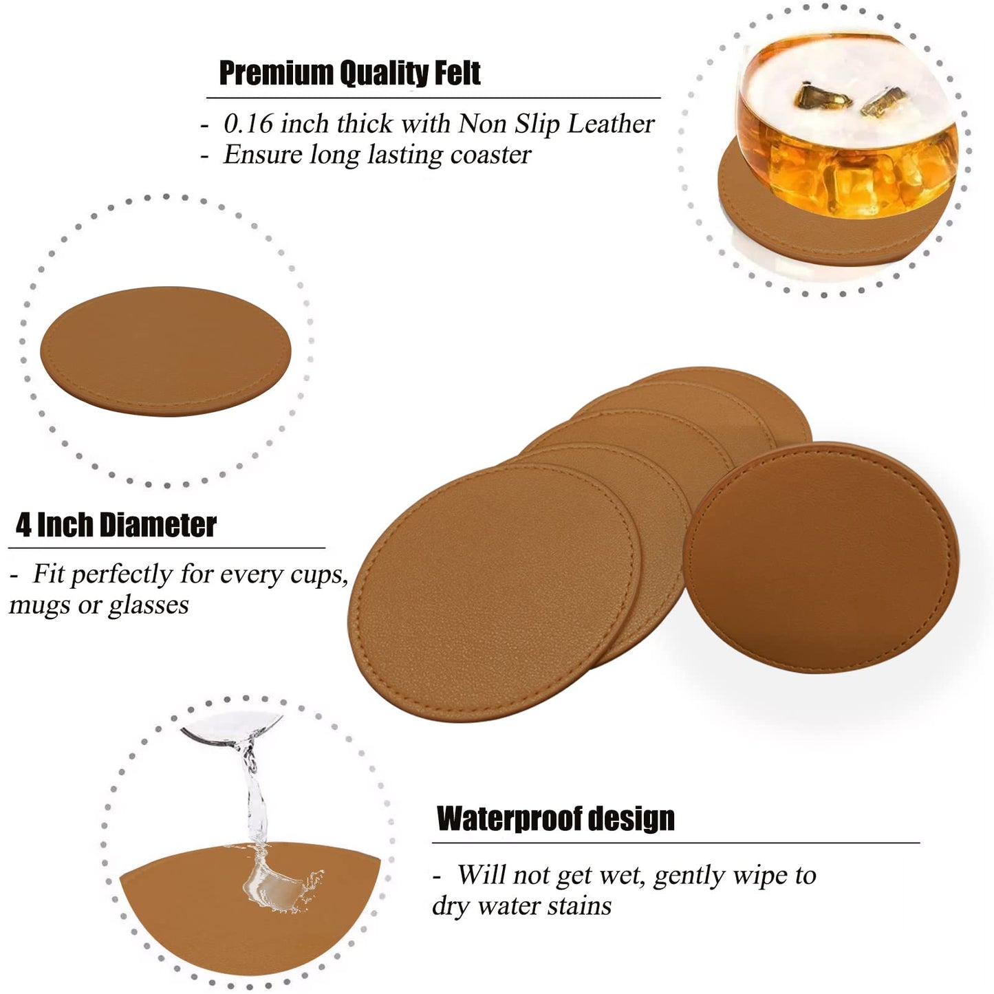 KEMMPER Coasters Set of 6 Soft Leather Drink Coaster Round Coaster with Sewing Around, Suitable for Various Cups, Wooden Tables,Home Decoration,4 Inches(Brown)