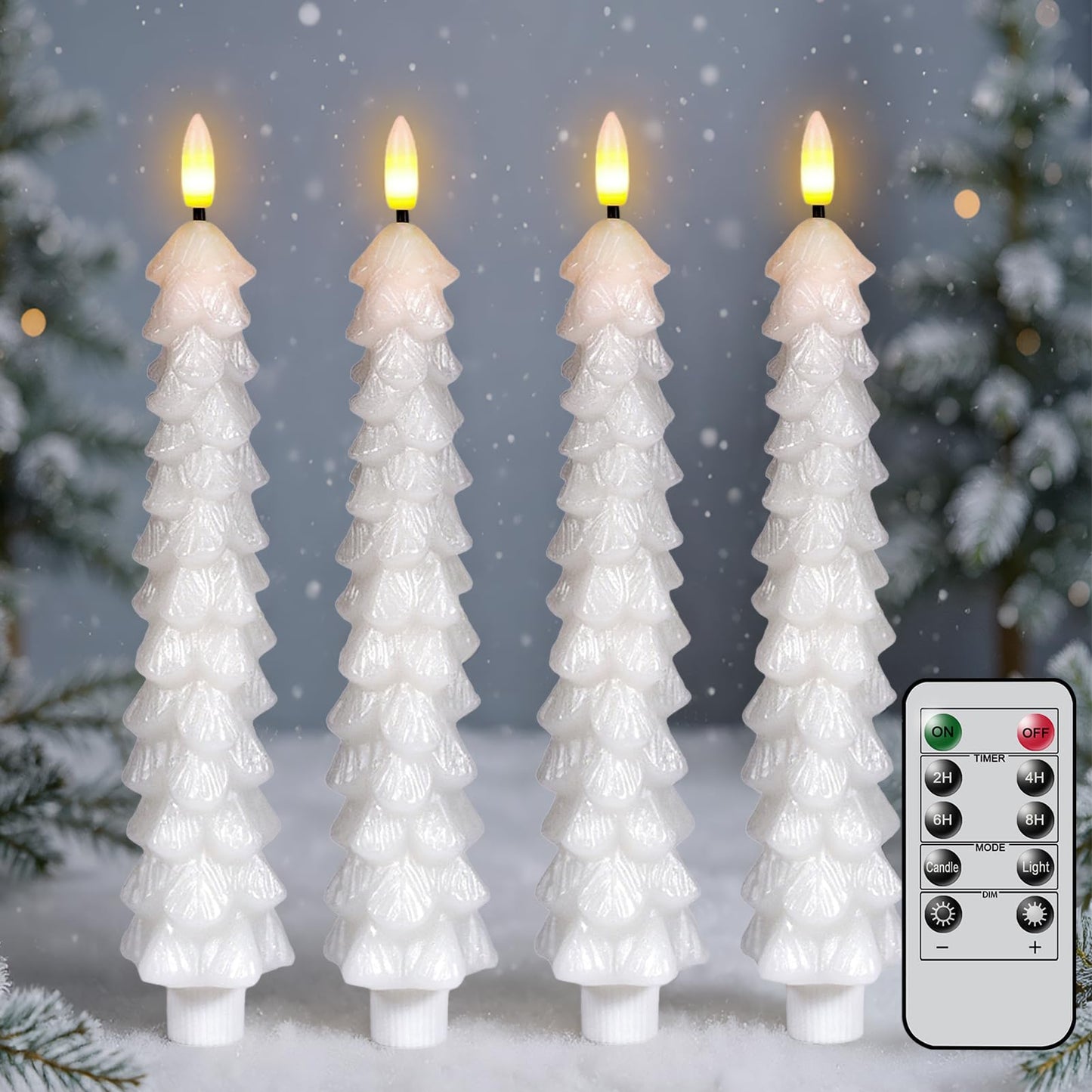 KunSwenn Christmas Tree Candles with Remote, White Christmas Tree Flameless Taper Candles Battery Operated, Real Wax Set of 4 LED Christmas Flameless Candlesticks for Xmas Winter Holiday Home Decor
