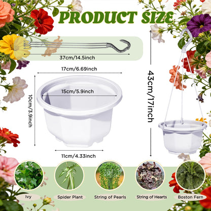 Liobelon 4 Pieces Plastic Hanging Planters, 6.7 x 5.5 Inch Hanging Flower Basket with Hook Hanging Nursery Planter Holder Small Flower Pots for Outdoor Indoor Plant Garden (White)