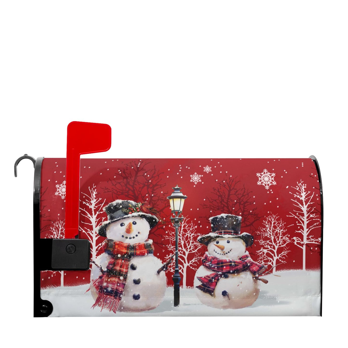 Merry Christmas Red Snowman Magnetic Red Winter Outdoor Mailbox Cover - Standard Size 25.5 x 21 Inch Snowflakes Holiday Mailbox Wrap