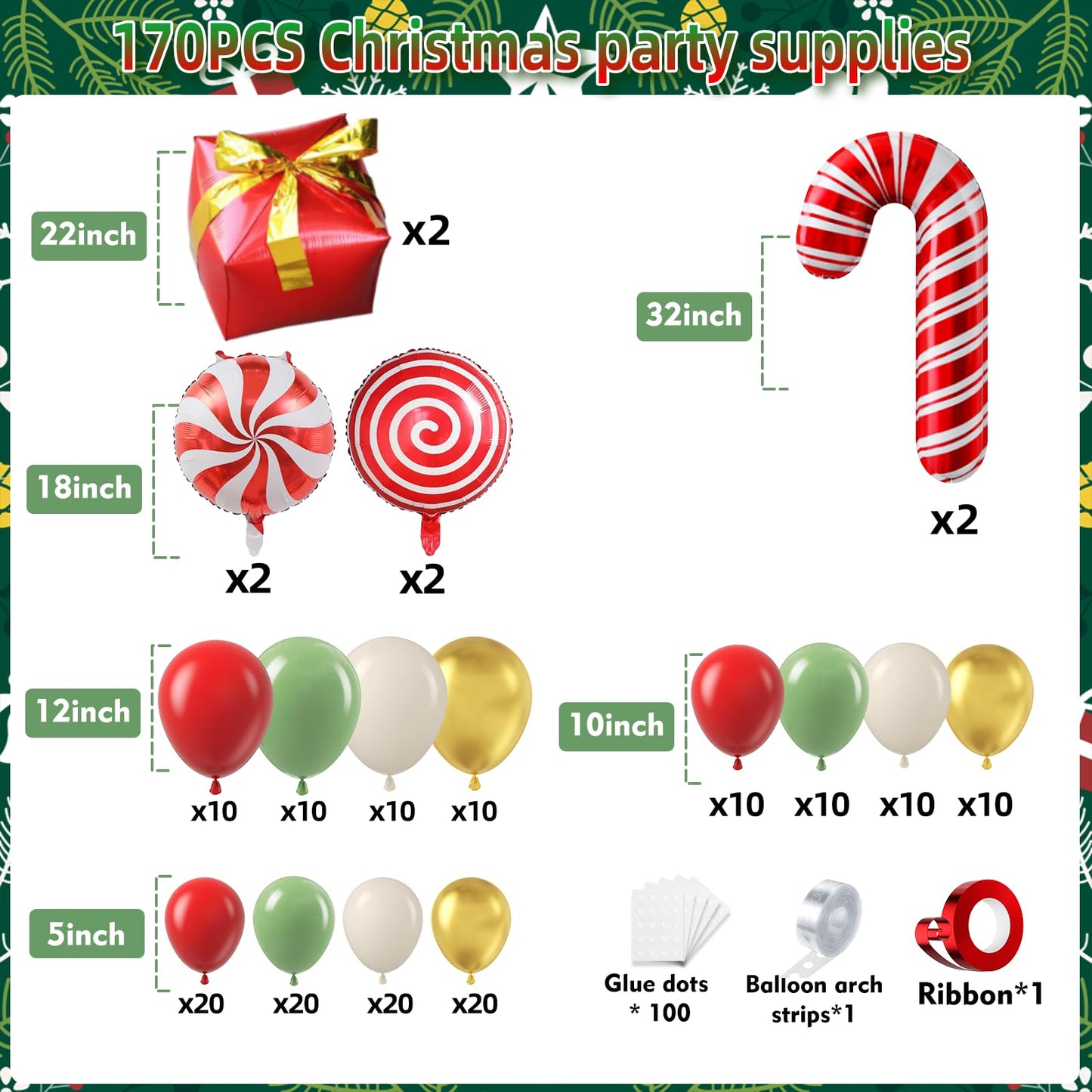 PTGOLUO 170Pcs Christmas Balloon Arch Garland Kit with Xmas Red Sage Green Gold White Sand Latex Balloons Gift Box Candy Cane Foil Balloons Arch Kit for Christmas New Year Party Party Decorations