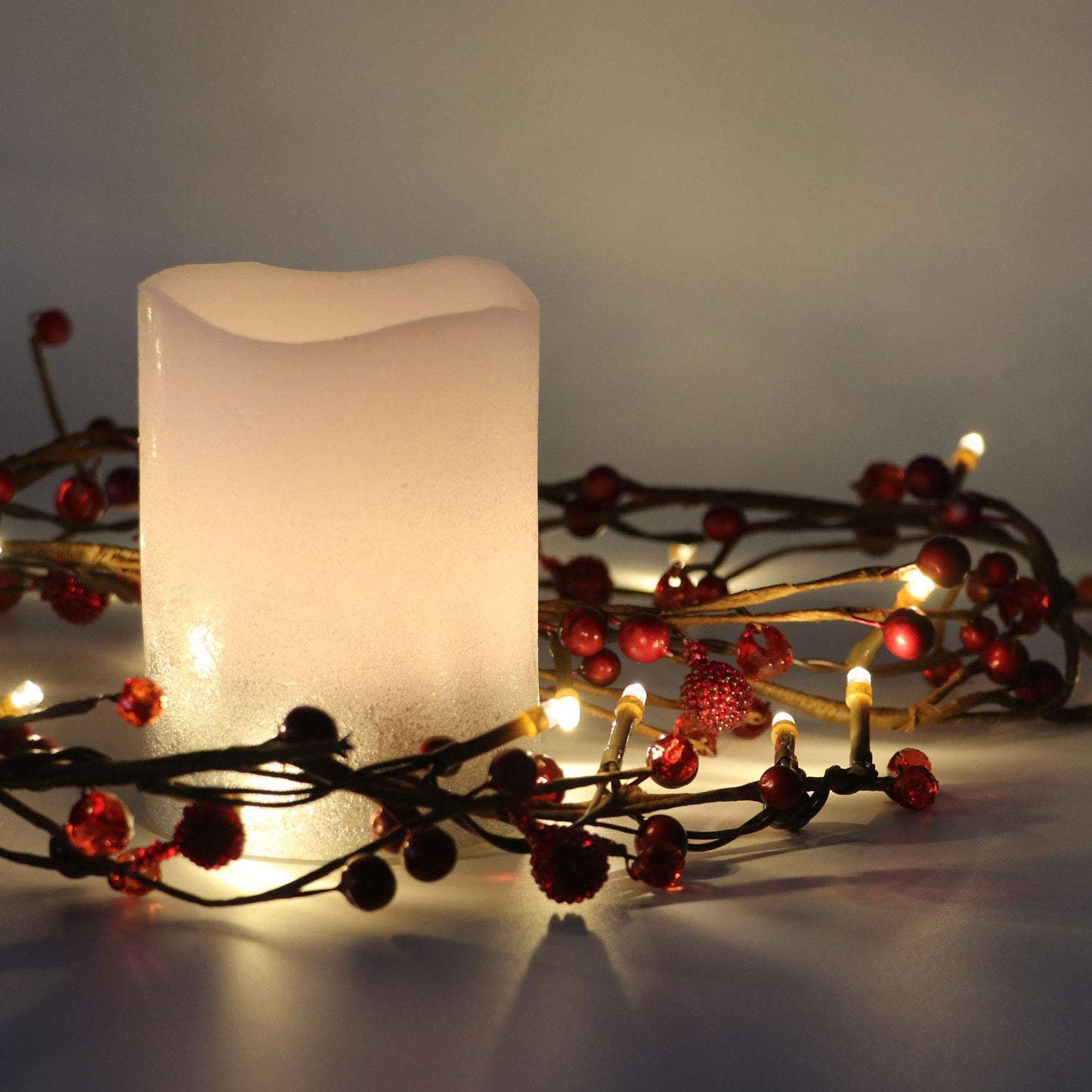 Rhytsing Red Berry Branch Pre-lit Garland with 30LED Lights, Battery Operated Fairy String Lights with Timer Function for Christmas Mantle Decoration Indoor Use - 5.9FT