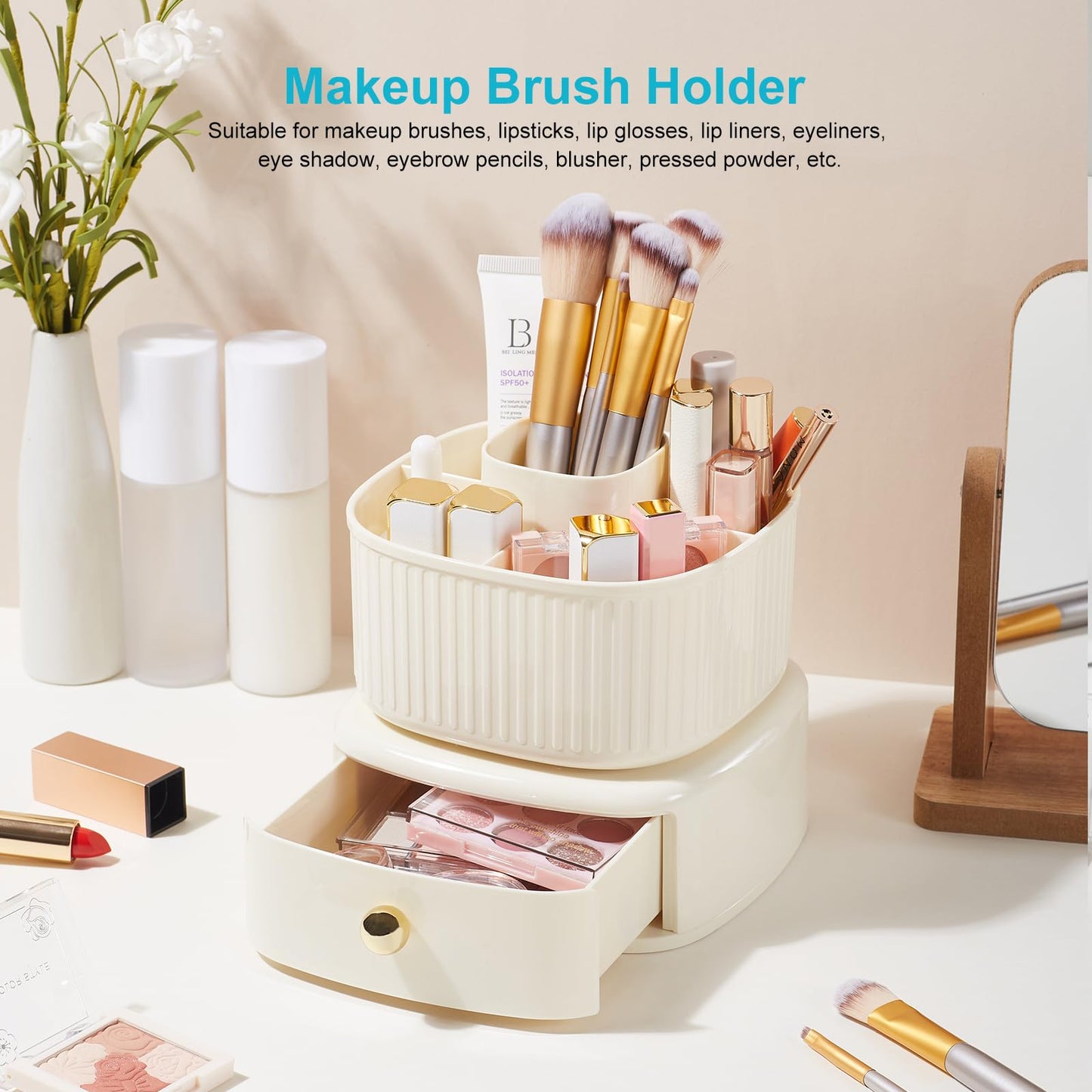 Lolocor 360 Degree Rotatable Pen Holder with Drawer, 5 Slots Office Desk Organizer Pen Holder for Desk Multi-Functional Pencil Box Desktop Stationary Organizer for Office School Home Beige