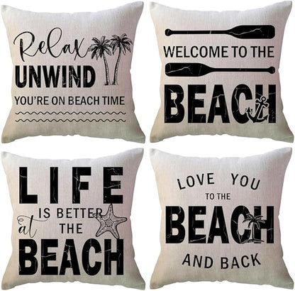 ULOVE LOVE YOURSELF Coastal Beach Throw Cushion Covers Double-Sided Tropical Palm Paddles Anchor Starfish Summer Beach House Decorative Pillowcase 18 x 18 Inch 4Pack Porch Patio Decor (Black)