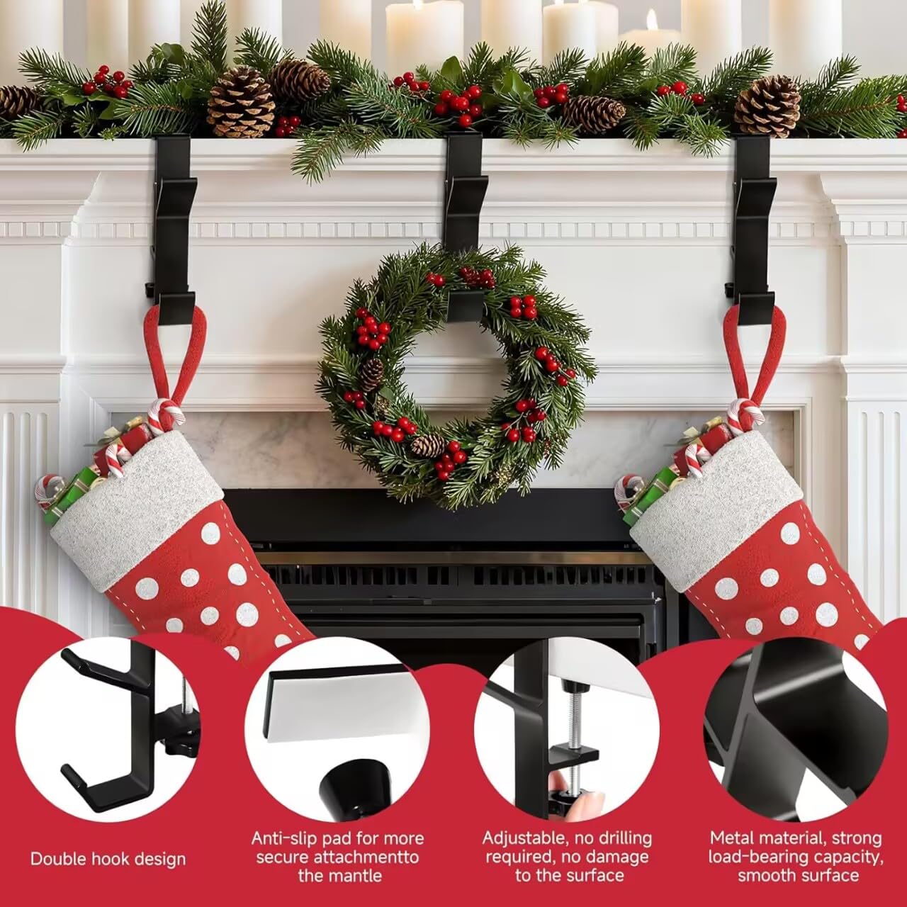 Guojanfon Garland and Stocking Mantel Holders with 2 Hooks, Mantel Hanger for Garland, 2 in 1 Mantel Garland and Stocking Hangers Heavy Duty, Fireplace Garland Hanger for Xmas Decoration (4Black)
