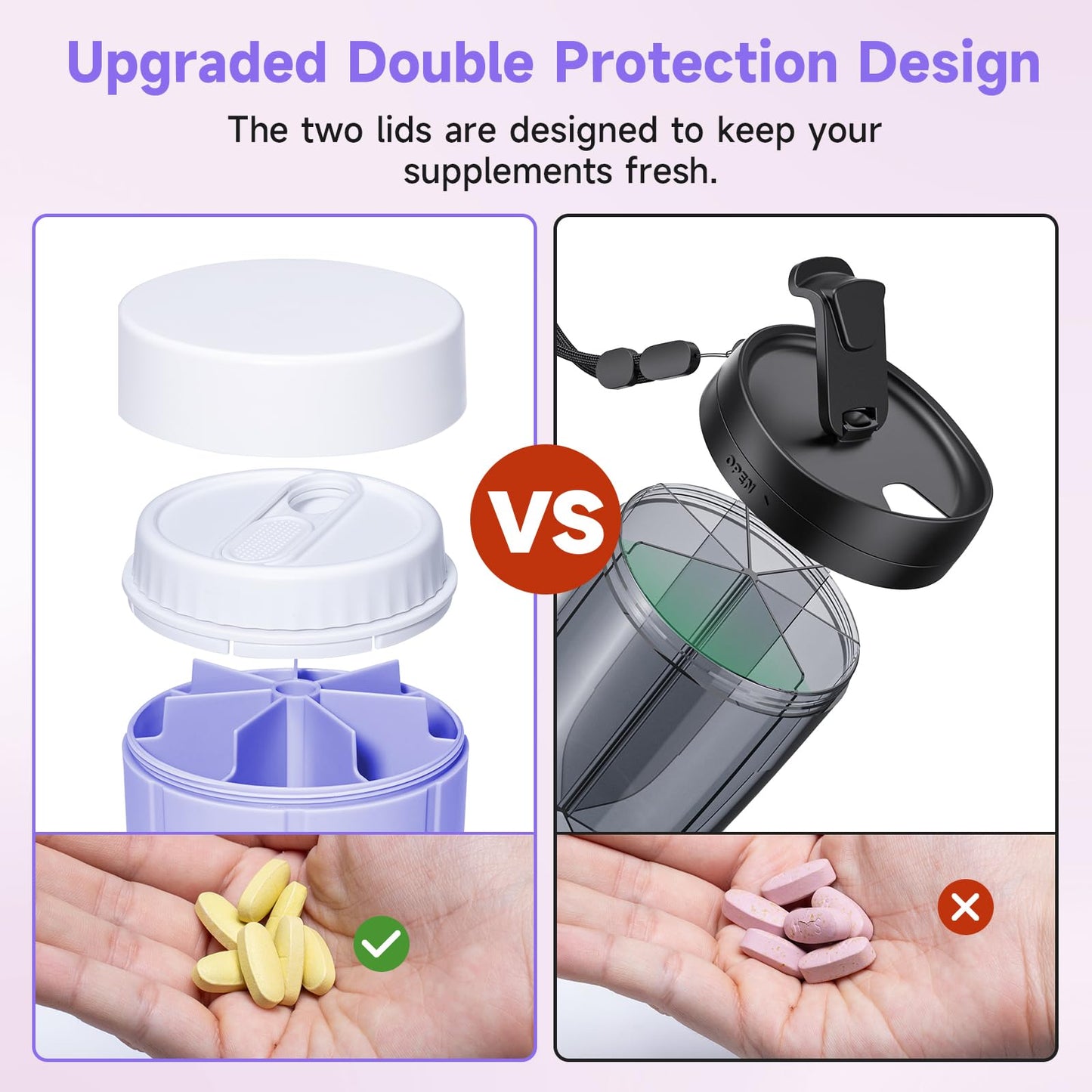 Daviky Pill Bottle Organizer, Supplement Organizer with 7 Large Compartments, Travel Pill Dispenser Round Pill Box with Two Lids（Purple）