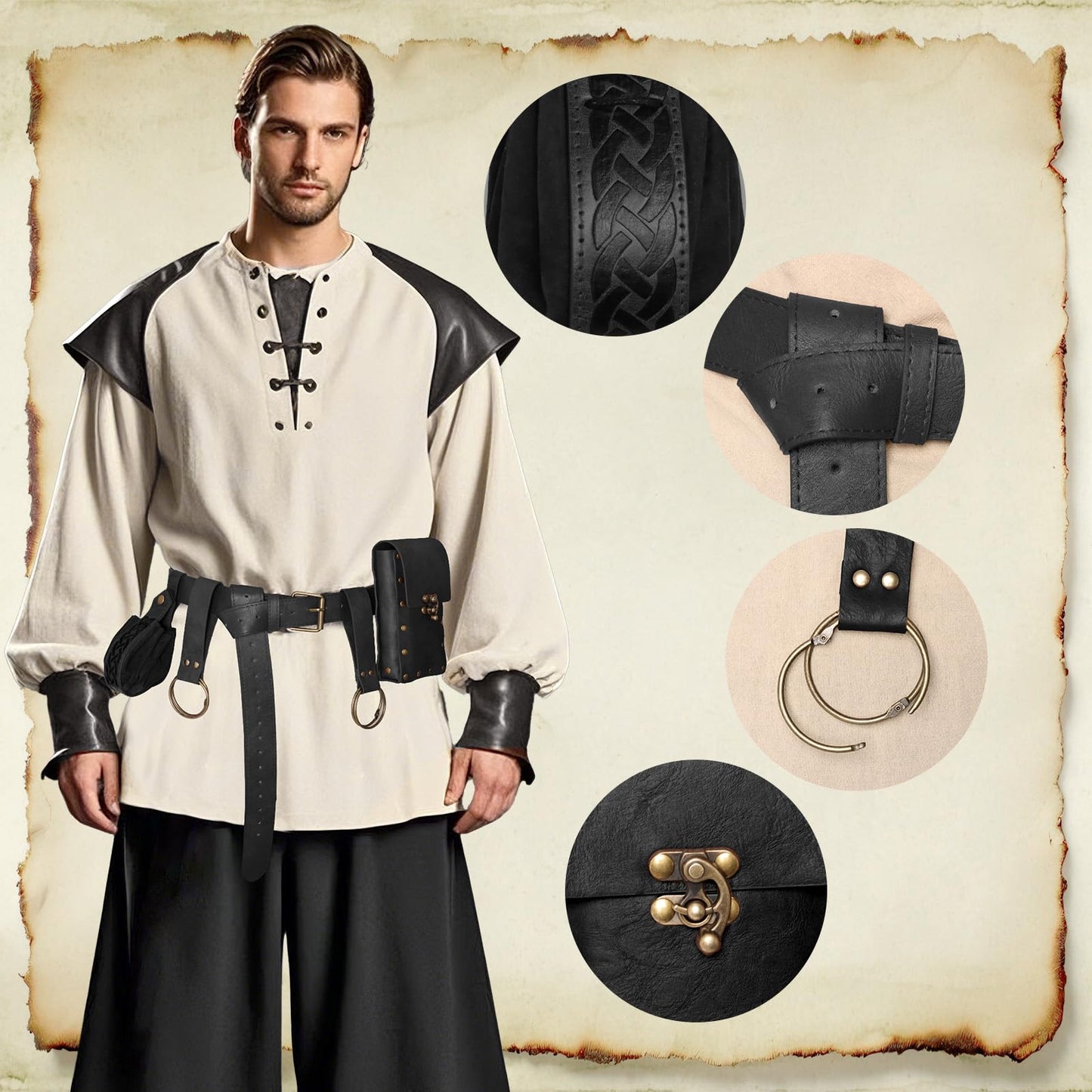 Renaissance Belt Pouch Medieval Viking Pirate Leather Bag Potion Bottle Set Skirt Hike Halloween Cosplay Costume Accessorie(Black, Belt Pouch)