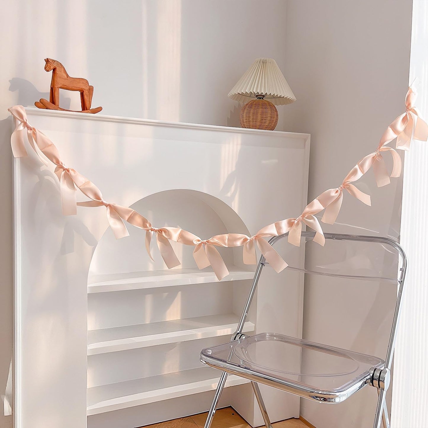 Eanjia Peach Bow Garland Pre-Assembled | 6ft Silk Satin Bow Banner for Coquette Bachelorette Party, Soft Blush Baby Shower,Bridal Shower Wedding Baby Room Bed Decor (Peach, 6ft)