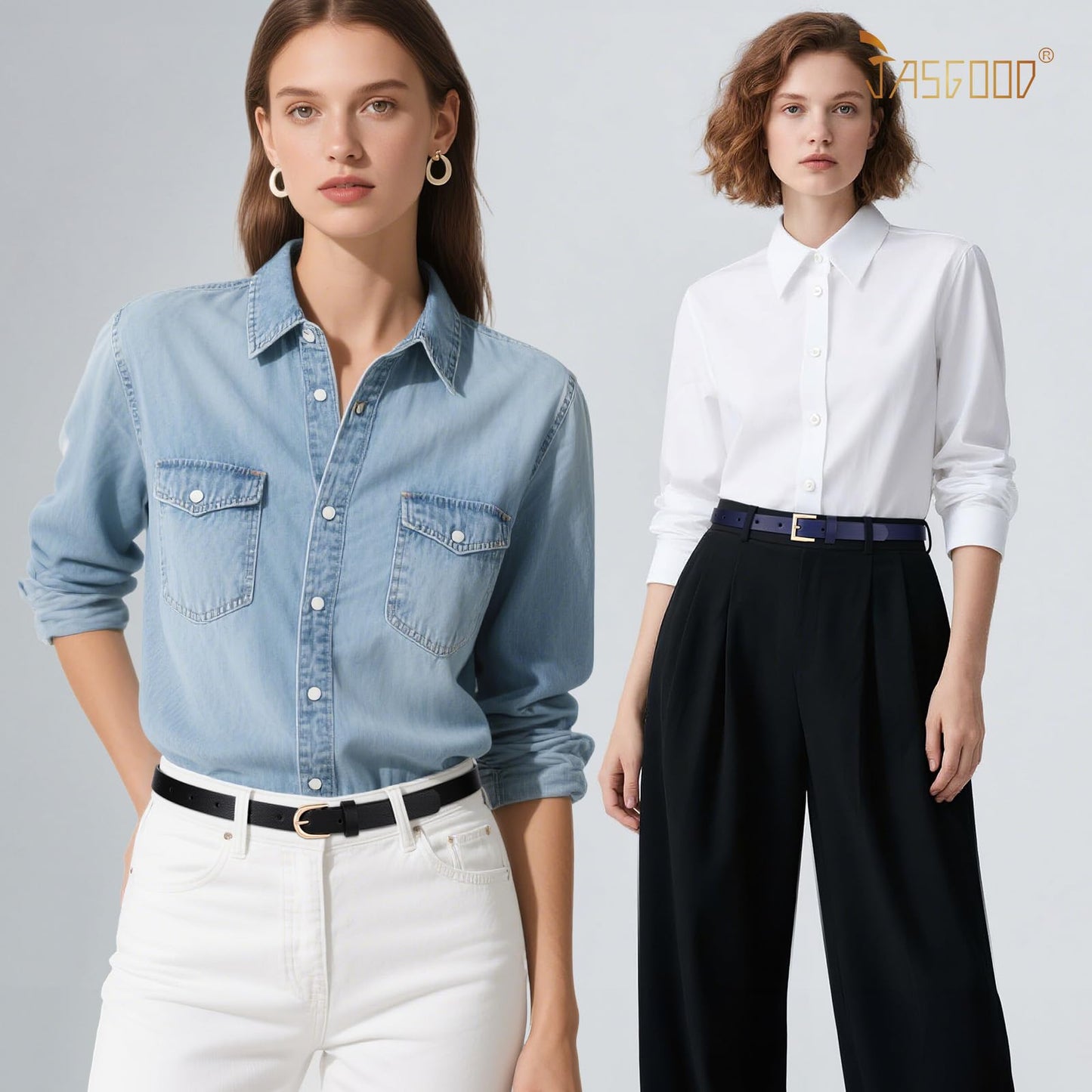 JASGOOD 4 Pack Women Skinny Leather Belt for Dresses with Gold Buckle Ladies Thin Waist Belt for Jeans Pants，Black+Blue+Brown+Beige