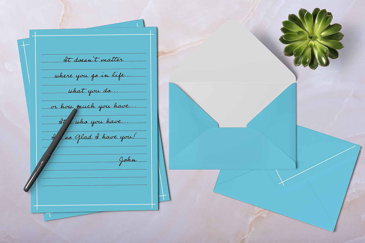 Better Office Products Mini Stationery Set, 100 Piece Set (50 Lined Sheets + 50 Matching Envelopes), 4 Solid Colors, Thin White Border, 5.5 x 8.25 inch, Double Sided Printing, One Side Lined Paper,