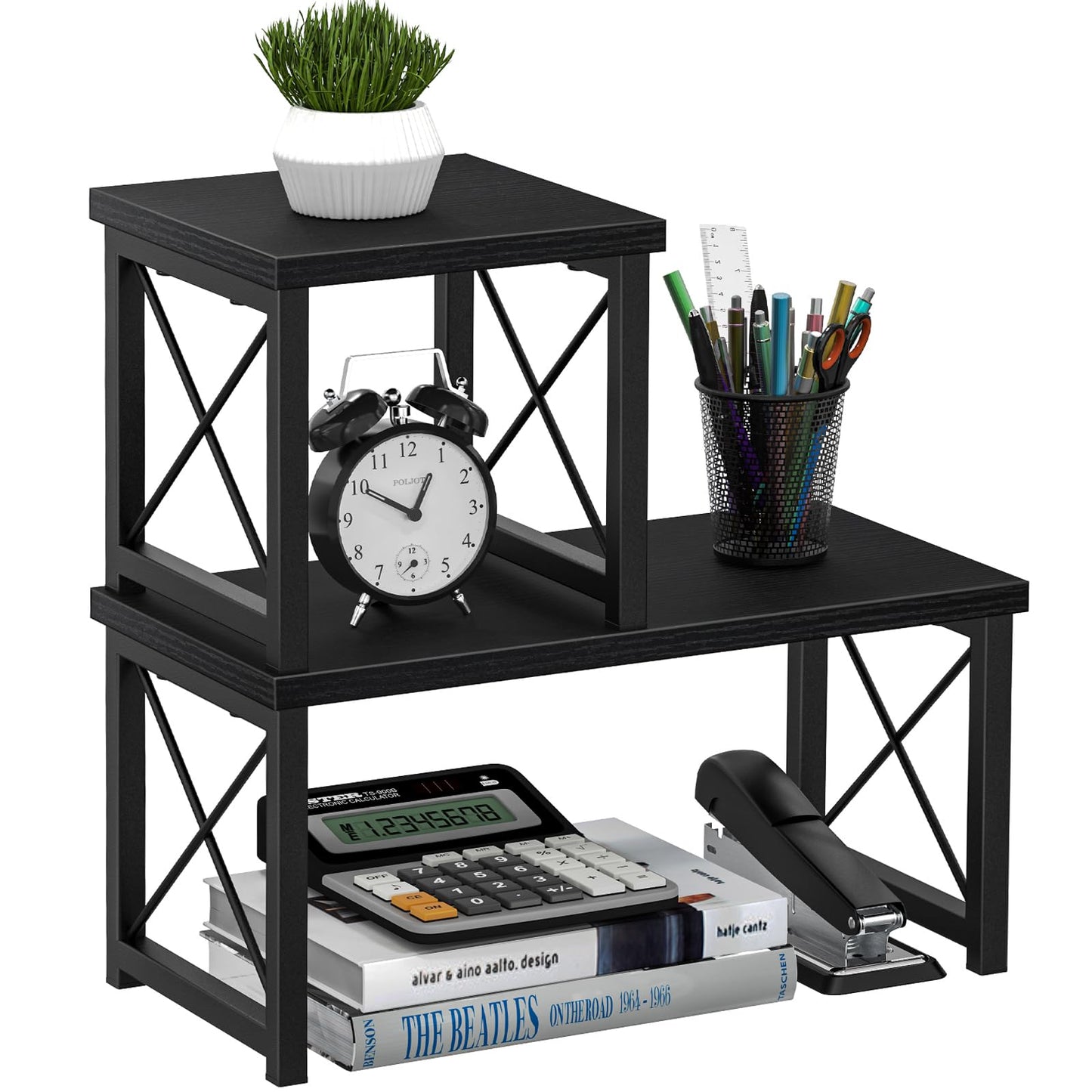 Honiter Desk Shelf Desktop Organizer 2 Tier Wood Small Bookshelf,Rustic Brown Freestanding Adjustable, Organizer, Stackable, Desk Stand, Storage Organizers, Kitchen Counter Display Rack