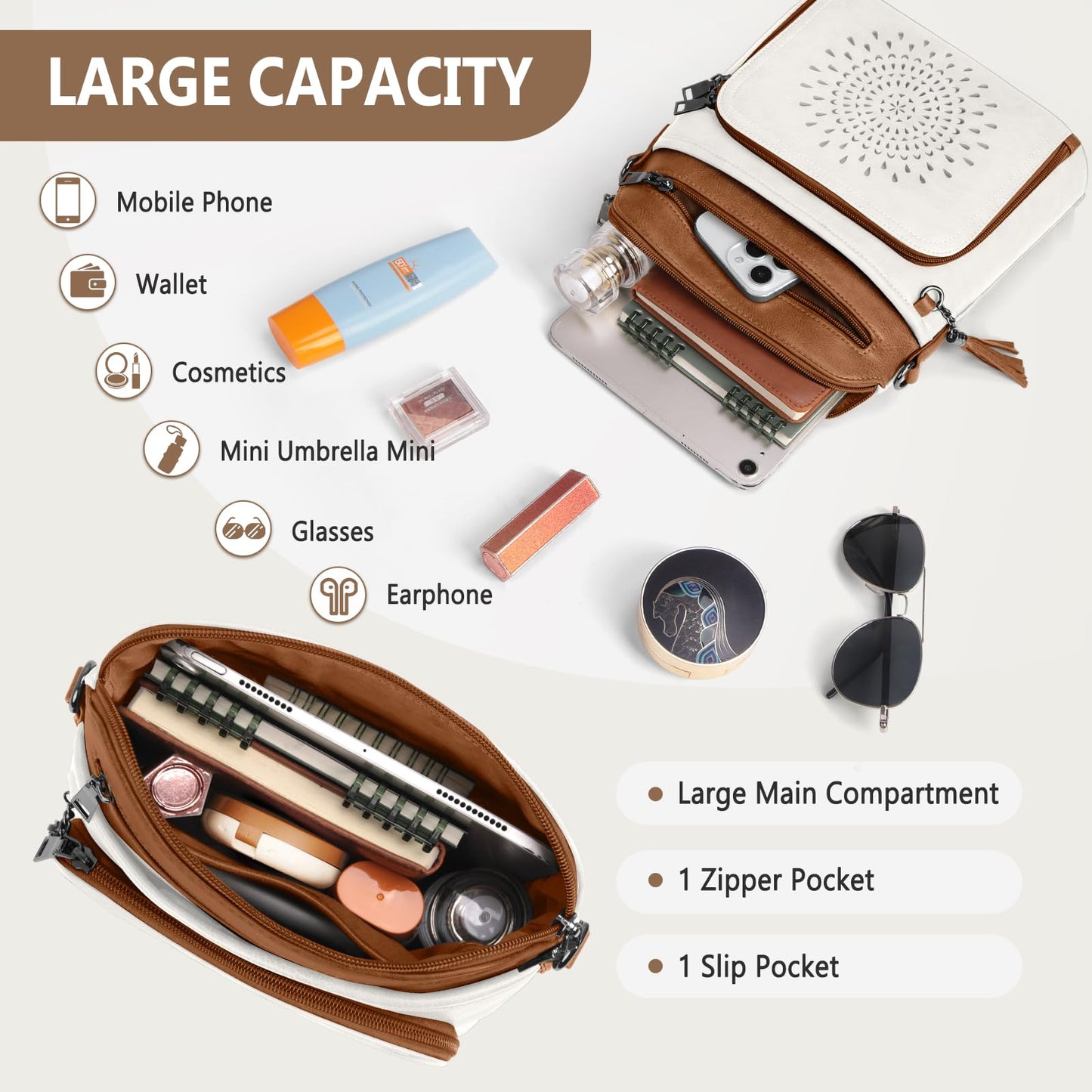 RAINSMORE Crossbody Bags for Women Leather Crossbody Purse Designer Womens Shouler Bags Handbags Trendy Medium Cross Body Purse Travel Work, white brown