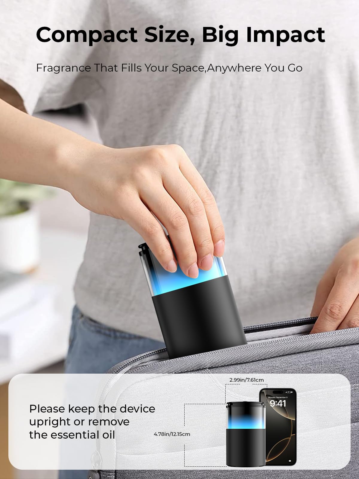 Pmsusoow Waterless Diffuser for Essential Oil: Mini Battery Scent Diffuser for Room&Home&Car with 9 Colors LED Light - Aroma Cool Mist Machine Charcoal Black