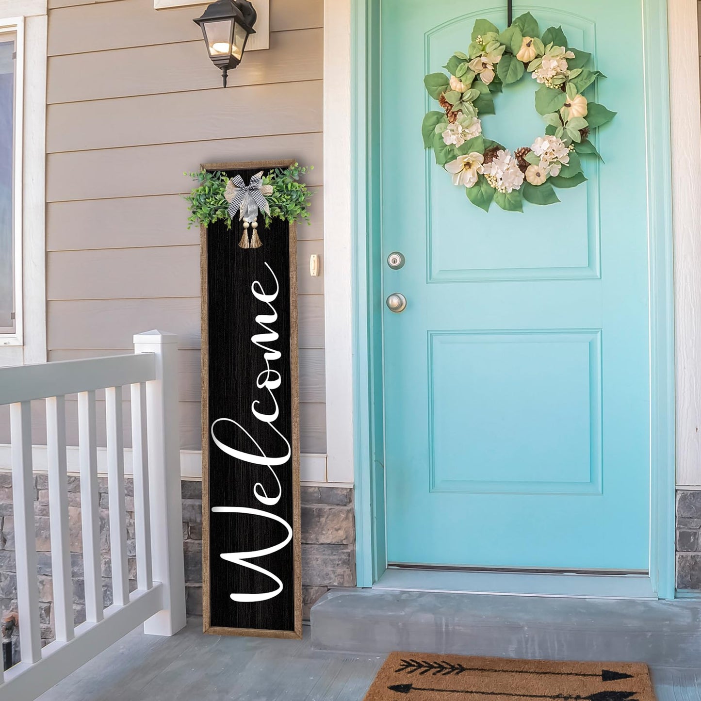 LuZhiQiang Front Porch for Welcome Standing Sign 45"X9" Vertical Tall Long Leaner Wood Framed Outdoor Front Door Sign Decor (Wood Black)
