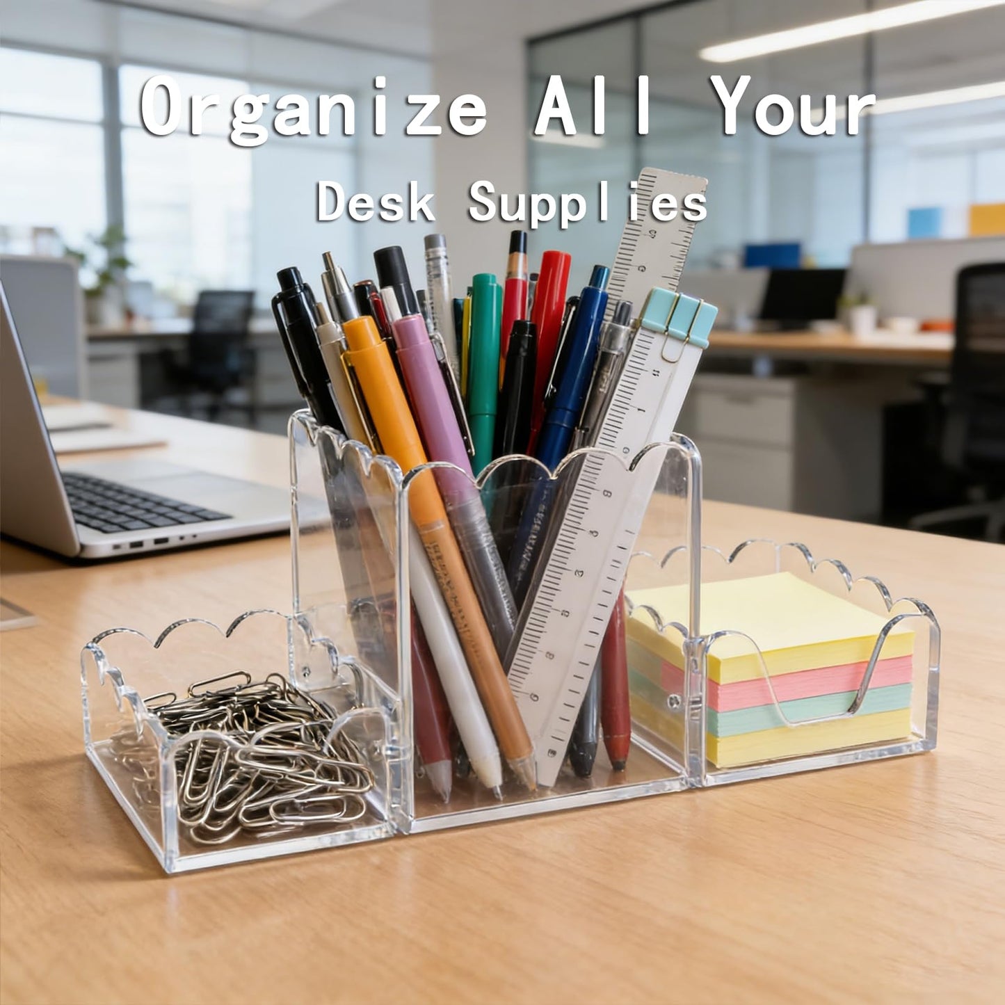 YAGELI Clear Acrylic Desk Organizer Set of 3, Magnetic Modular Pen Holder with Sticky Notes & Paperclip Tray, Aesthetic Desk Accessories for Home Office & Minimalist Decor