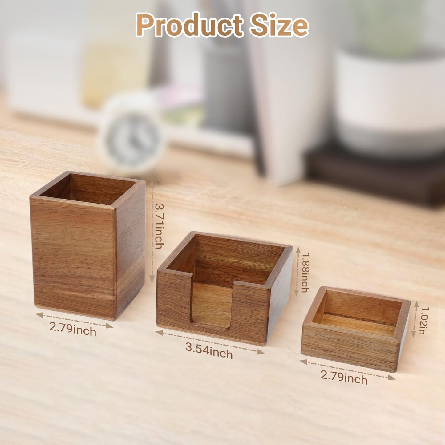 RAWILL 3 PCS Black Wooden Desk Organizer Set Pine Wood Office Desk Accessories with Pen Holder, Paperclip Storage and Sticky Note Holder, Wood Grain Clear, Ideal Gift for Office and Family