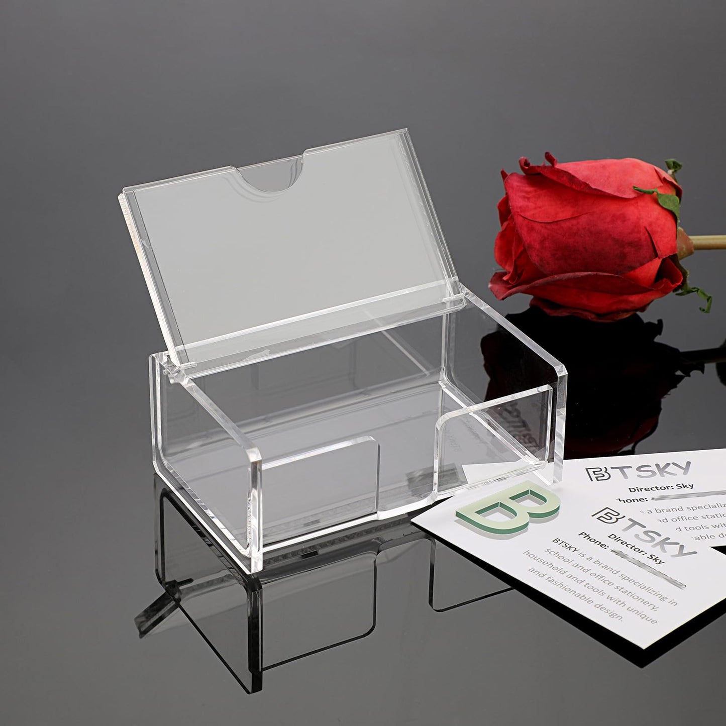 BTSKY Clear Acrylic Business Card Storage Box with Display Lid, Business Card Holder for Desk, Name Card Display Stand for Office Countertop, Business Card Storage Organizer Office Desk Accessories