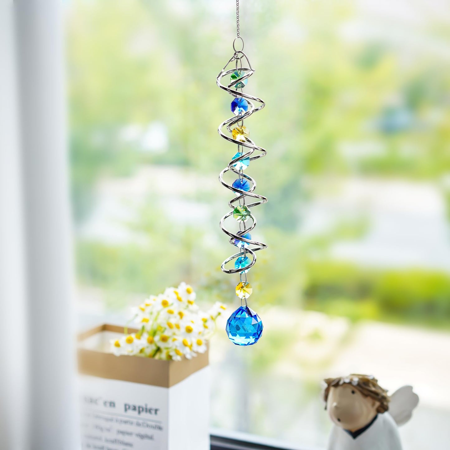 H&D HYALINE & DORA 20.5inch Gazing Ball Spiral Tail,Decorative Wind Spinner Sun Catcher,Rainbow Maker Double-Spiral W/Sea Blue Crystal Ball and Chain,Glass Crystals for Indoor Outdoor Decoration