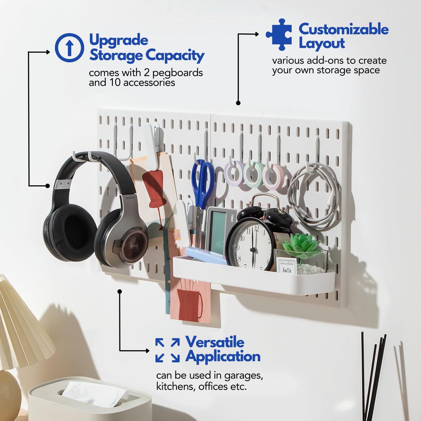 Keepo Pegboard Combination Kit with Modular Accessories, Wall Organizer for Gaming Setup, Crafts, and Ornament Display, Peg Board for Bedroom, Office, Home (White, 22″×11″)