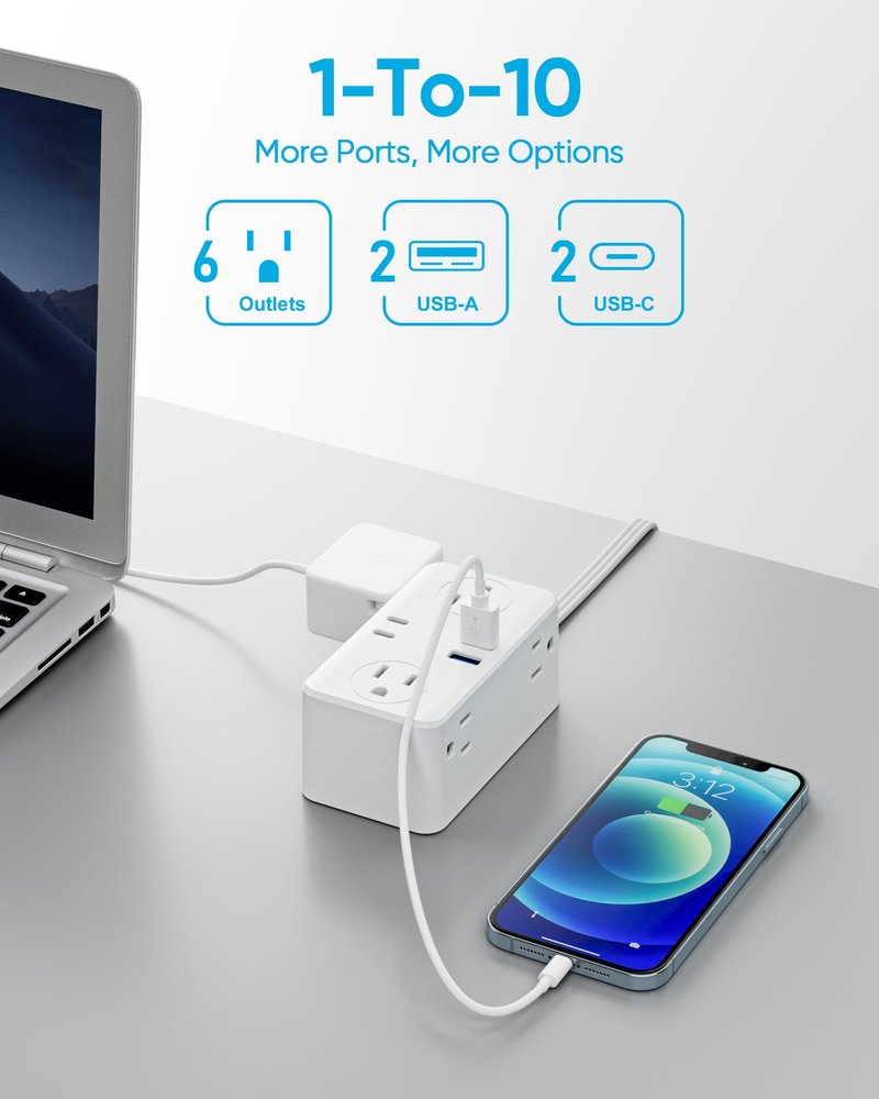 Flat Plug Power Strip, 3Ft Wrapped Travel Extension Cord, 6 Outlets 4 USB Ports(2 USB C), Cruise Ship Travel Dorm Room Essentials