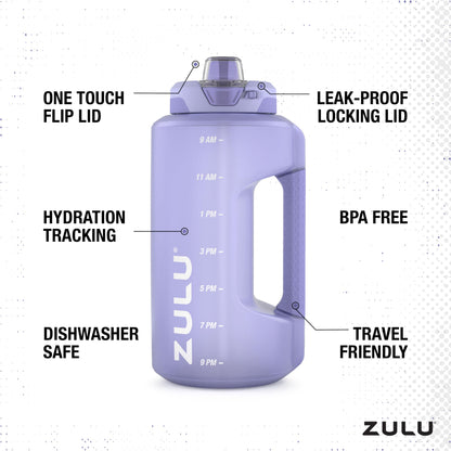 ZULU Goals 64oz Half Gallon Plastic Water Bottle with Straw and Time Marker | Large Reusable Jug with Handle and Leak Proof Lid for All Day Hydration, Gym and Outdoors, Gift Ready, Violet