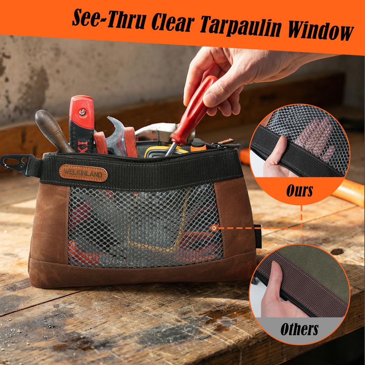WELKINLAND 4 Piece-Pack Clear Tool Pouch, 12-Inch Tool Pouches, Heavy-Duty Waxed Canvas Zippered Tool Pouch, See-Thru Tool Pouches With Zipper, 4-Color Small Tool Bag