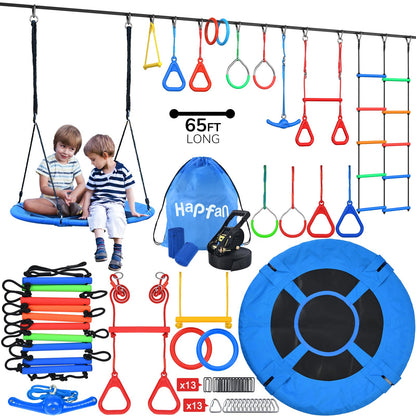 Hapfan 65 ft Ninja Warrior Obstacle Course for Kids with Swing, Ninja Rope Course with 11 Obstacles for Backyard Outside, Tree Slackline Jungle Gym Outdoor